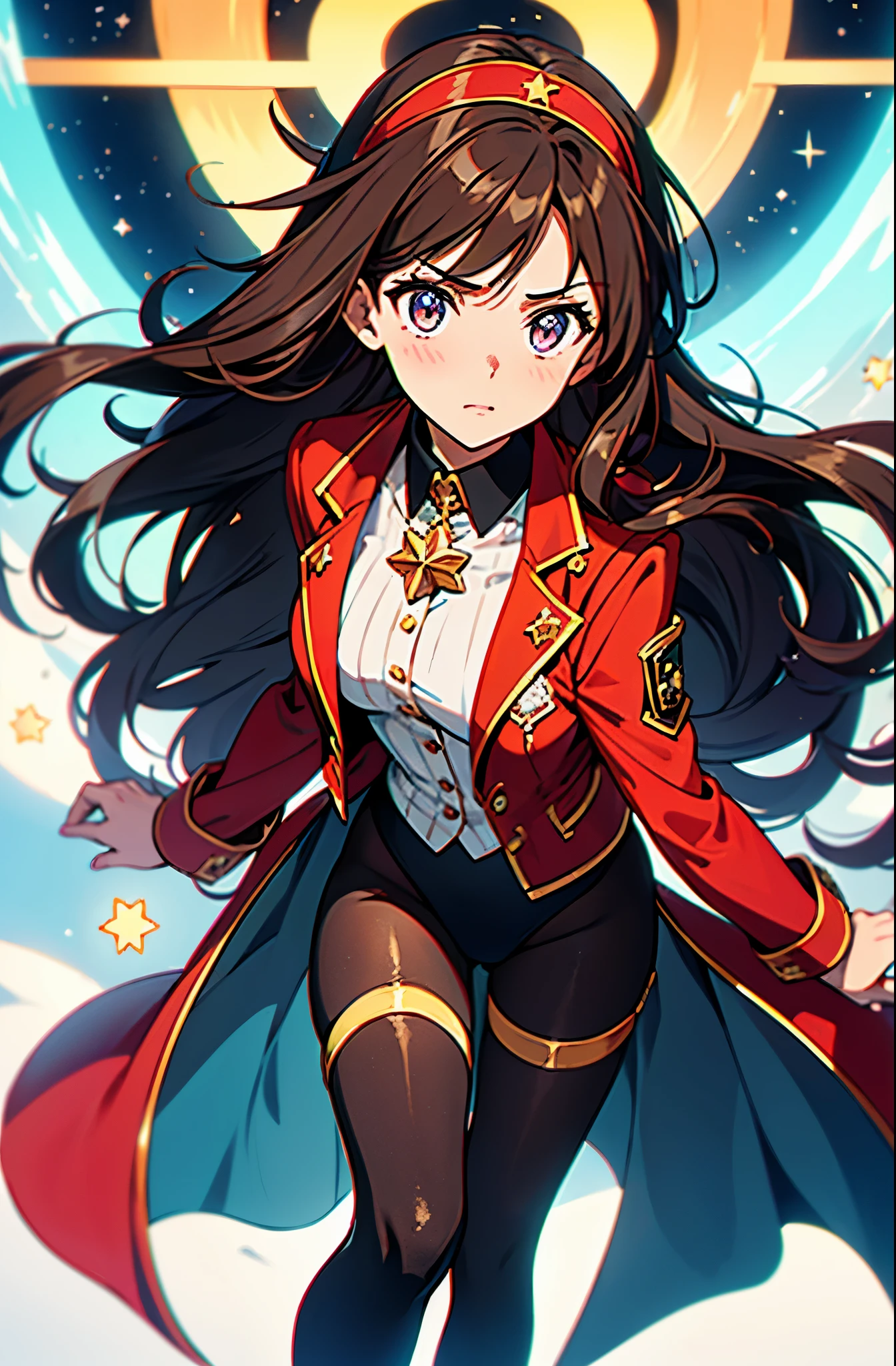 Woman with brown eyes, age 21 (medium hair, dark brown hair, wavy hair, red hairband), ahoge, ((white blouse with black stars, vest, jacket, opened jacket, red jacket with stars)), (leotard, bare legs, black thigh highs, high-heel shoes), purple stellar energy around, cosmic power, cosmic shining power. (purple eyes), beautiful detailed eyes, beautiful detailed face, cute face, perfect hands, complete fingers, perfect anatomy, perfect proportions. (casting a spell). full body costume design, full body, cowboy shot.