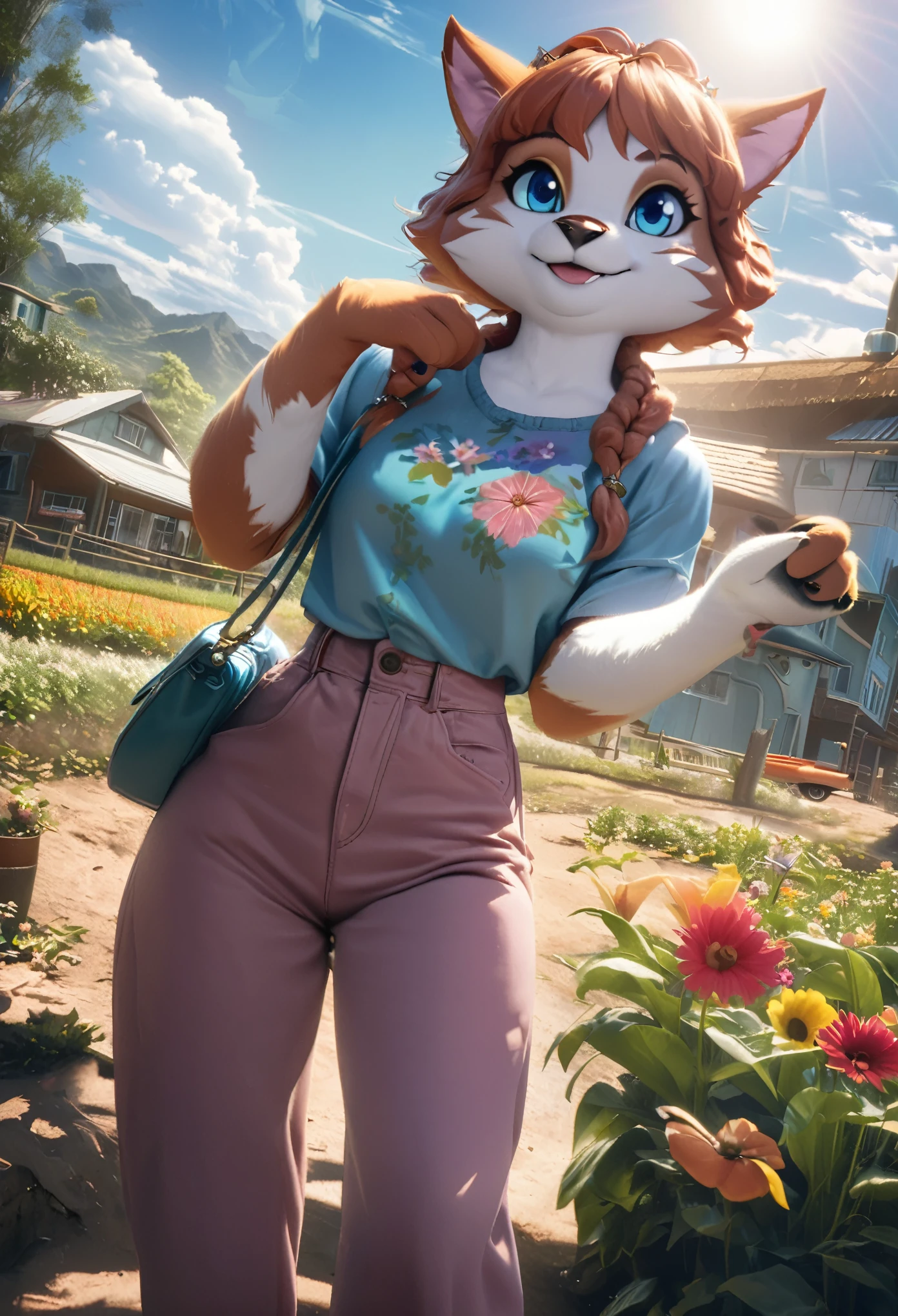 1980 VHS poster art for a Vice City inspired movie, top quality, highres, High-quality illustrations, unparalleled masterpiece(movie of life)nature inspired imagery, rendered in maya, romanticized views, lively illustrations, hyper realistic, whimsical cartoonish, farm, Blue sky, clouds, florals Beautiful garden(furry anthro, solo, girl, casual fashion, Relux pose, Smile)absurdres, perfect anatomy, caustics, cinematic lighting, lens flare, deep shadow, dynamic angle,