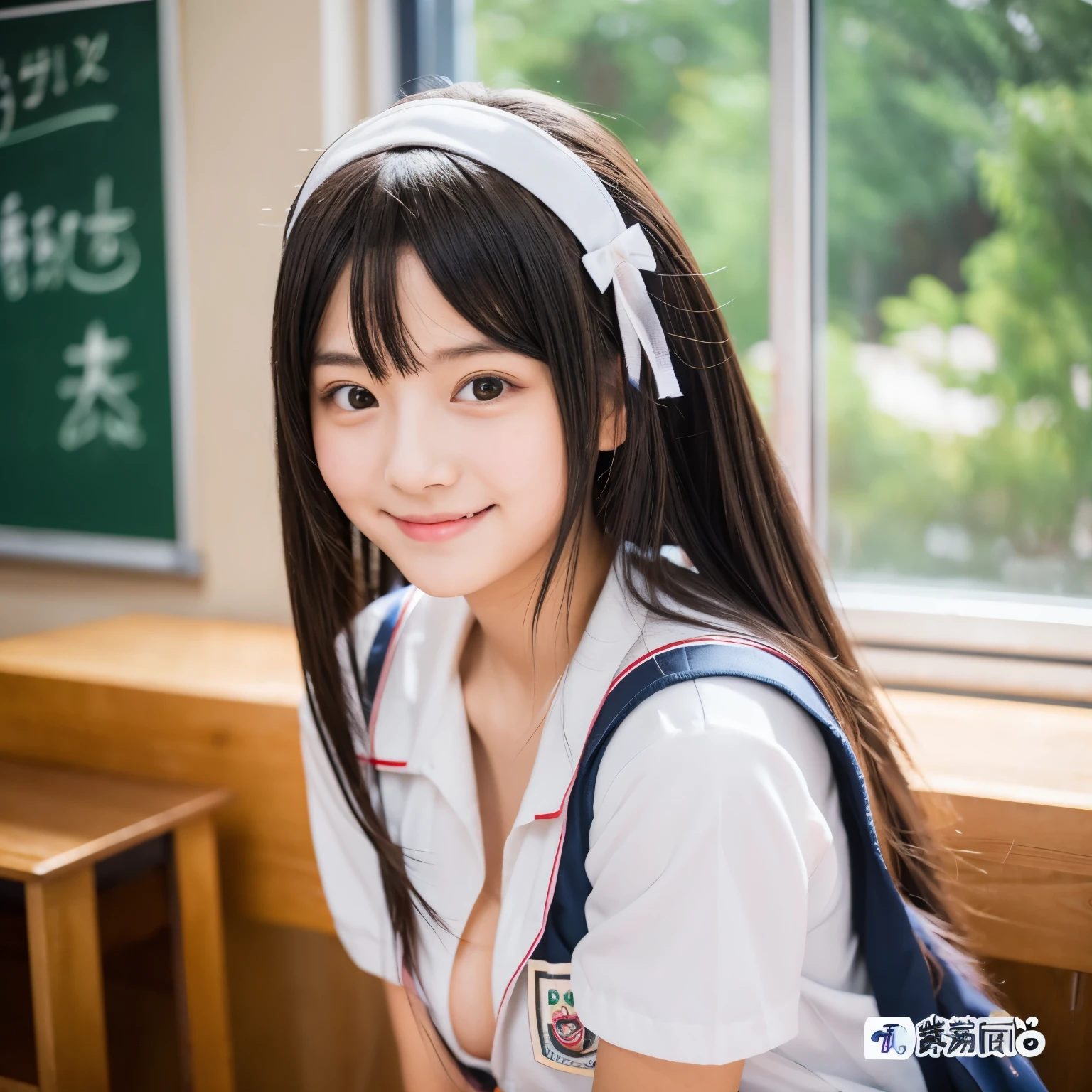 A 20-year-old woman with a cute, baby-faced idol-like face.。Gentle and cute。Please smile kindly。She is wearing a high  for cosplay.　In the classroom, she rolls up her uniform to show everyone her bare breasts.　RAW Photos　Genuine　High resolution　life　No copyright notice