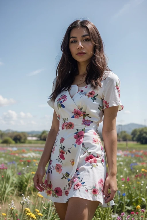 beautiful Hispanic Latina woman, wearing a summer dress with floral pattern on it, standing in a field of flowers, blue skies