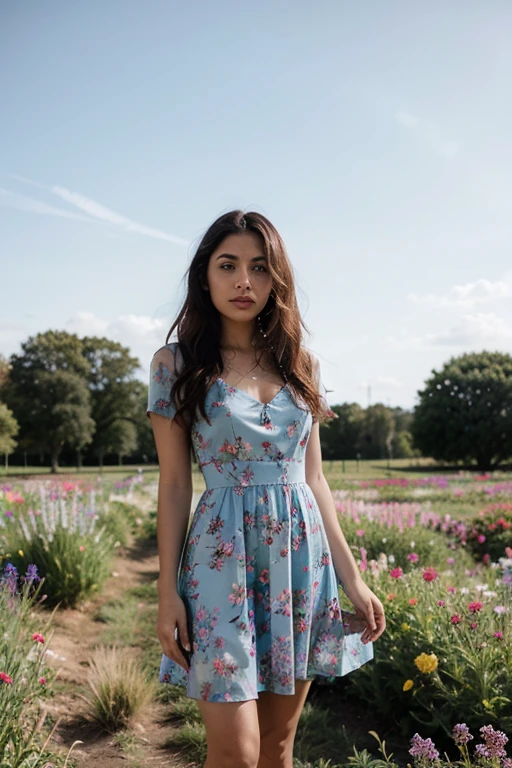 beautiful Hispanic Latina woman, wearing a summer dress with floral pattern on it, standing in a field of flowers, blue skies