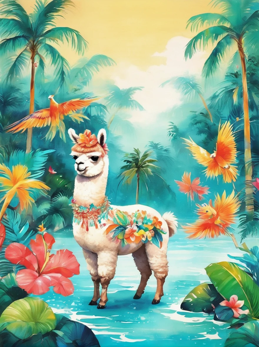 Imaginative illustrations,Tropical theme colors,(portrait:1.8),(Fluffy Alpaca:1.5),(personification:1.3),(Alpaca Focus:1.5),Bright colors,Gorgeous,Dazzling accessories,Expressive faces,Standing,Luxurious fur,Shine brightly,warm sunshine,neon green,Intense teal with bright coral accents,The energy of a tropical paradise,Tiny glitter particles are scattered throughout their fur.,Suggesting the glitter of sunlight reflecting off the waves,Their paws gently hold a fresh coconut,Further strengthening the tropical theme, Ink Painting, Chinese,