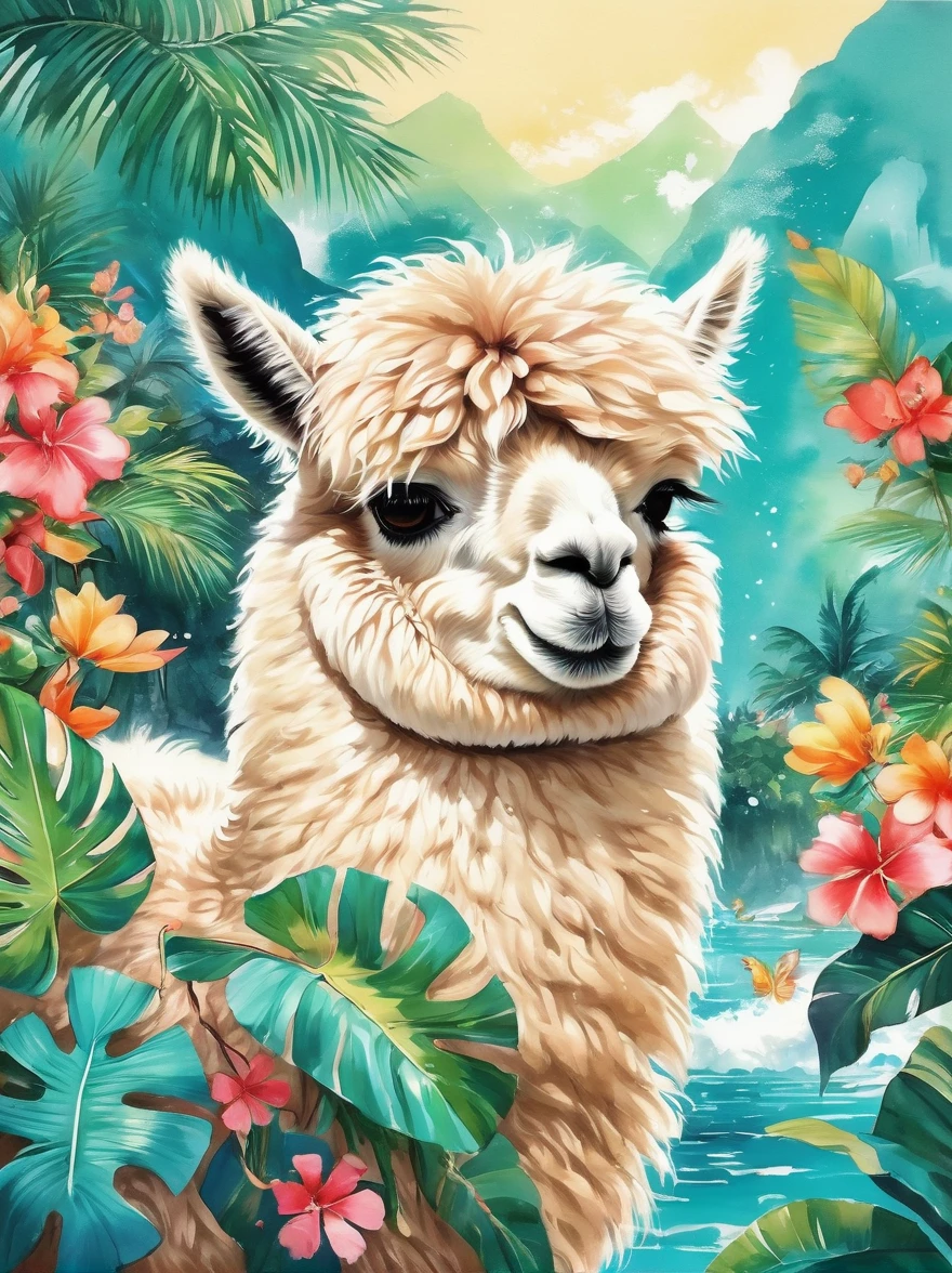 Imaginative illustrations，Tropical theme colors，(portrait:1.8)，(Fluffy Alpaca:1.5)，(personification:1.3)，(Alpaca Focus:1.5)，Bright colors，Gorgeous，Dazzling accessories，Expressive faces，Standing，Luxurious fur，Shine brightly，warm sunshine，neon green，Intense teal with bright coral accents，The energy of a tropical paradise，Tiny glitter particles are scattered throughout their fur.，Suggesting the glitter of sunlight reflecting off the waves，Their paws gently hold a fresh coconut，Further strengthening the tropical theme, Ink Painting, Chinese,