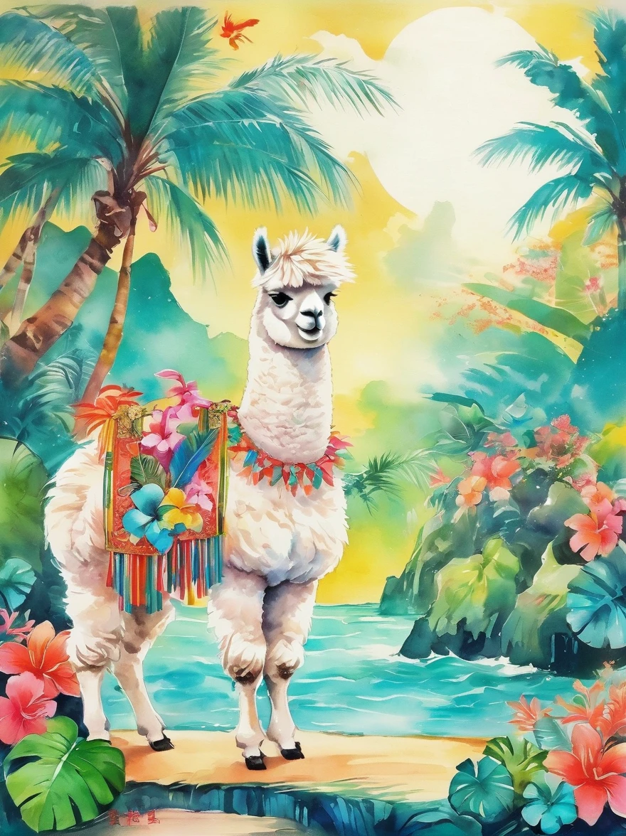 Imaginative illustrations，Tropical theme colors，(portrait:1.8)，(Fluffy Alpaca:1.5)，(personification:1.3)，(Alpaca Focus:1.5)，Bright colors，Gorgeous，Dazzling accessories，Expressive faces，Standing，Luxurious fur，Shine brightly，warm sunshine，neon green，Intense teal with bright coral accents，The energy of a tropical paradise，Tiny glitter particles are scattered throughout their fur.，Suggesting the glitter of sunlight reflecting off the waves，Their paws gently hold a fresh coconut，Further strengthening the tropical theme, Ink Painting, Chinese,