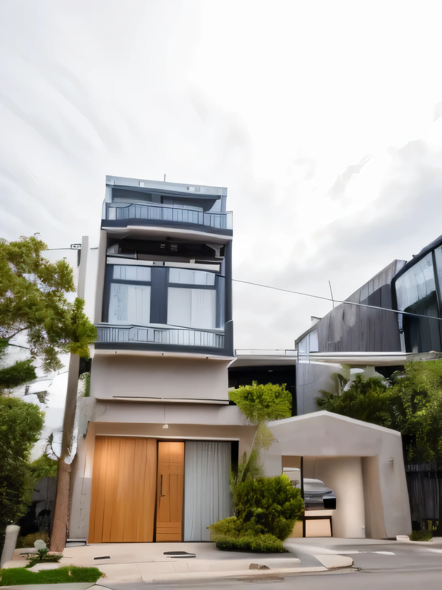masterpiece, ((super detailed :1.3))), A modern house with lots of windows in the front and lots of trees on the side of the building