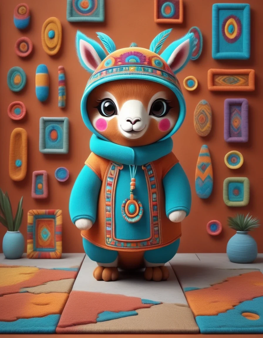 in style of Patchwork , portrait，（A cute alpaca is working for the Indians carrying tools），whole body，Dynamic poses，Cool，Cute big eyes，Alpaca in Indian costume，Cartoon，in style of Terracotta artwork , portrait，Background: the plateaus of Peru and Chile in South America