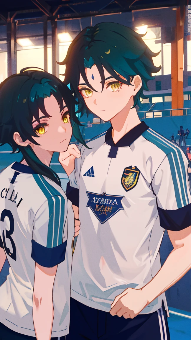 2 boys,dark green hair,highest quality,masterpiece,excessive,male focus,yellow eyes,beautiful eyes,beautiful boy,School,between men,Spouse,soccer club members,Blue soccer uniform,soccer,high school,soccer uniform,blue clothes,soccer court,teammate,same clothes,shoulder to shoulder,feminine,good friend,best image quality,