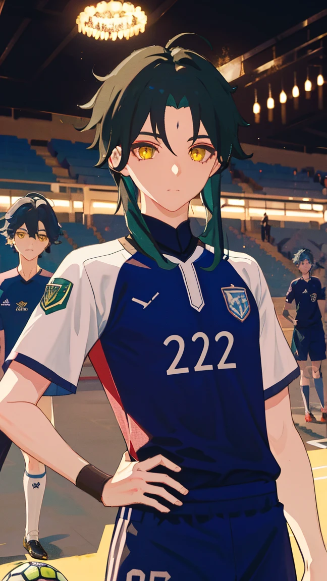 2 boys,dark green hair,highest quality,masterpiece,excessive,male focus,yellow eyes,beautiful eyes,beautiful boy,School,between men,Spouse,soccer club members,Blue soccer uniform,soccer,high school,soccer uniform,blue clothes,soccer court,teammate,same clothes,shoulder to shoulder,feminine,good friend,best image quality,