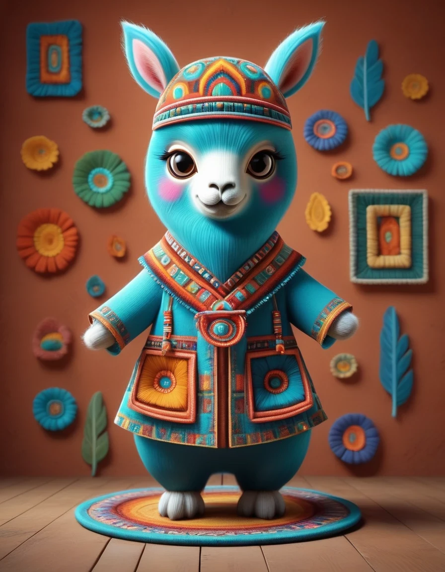 in style of Patchwork , portrait,(A cute alpaca is working for the Indians carrying tools),whole body,Dynamic poses,Cool,Cute big eyes,Alpaca in Indian costume,Cartoon,in style of Terracotta artwork , portrait,Background: the plateaus of Peru and Chile in South America