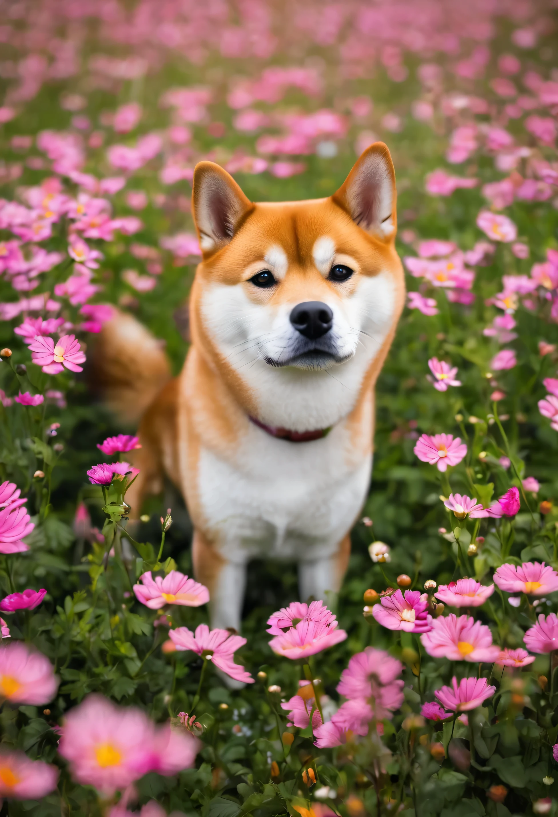 shiba inu in a flower field