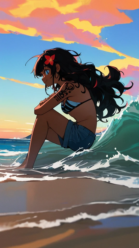 (masterpiece, best quality, ultra detailed, ultra high resolusion, highres,8k:1.4), BREAK,20_years_old, 1giri sitting-on-the-the edge-of-the-waves,beach, smile, (looking away:1.5), (dark_skin:1.2),(tribal_tatoo),(wavy hairs),(messy hair),(asymmetry bangs),(multicolored hair),
Tsurime Eyes, (((blue eyes))),
((flower hair ornament)),(shortpants,bikini:1.4), sunset, from side,