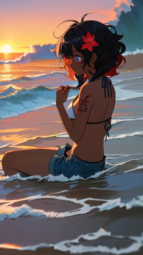 (masterpiece, best quality, ultra detailed, ultra high resolusion, highres,8k:1.4), BREAK,20_years_old, 1giri sitting-on-the-the edge-of-the-waves,beach, smile, (looking away:1.5), (dark_skin:1.2),(tribal_tatoo),(wavy hairs),(messy hair),(asymmetry bangs),(multicolored hair), 
Tsurime Eyes, (((blue eyes))),
((flower hair ornament)),(shortpants,bikini:1.4), sunset, from side, 