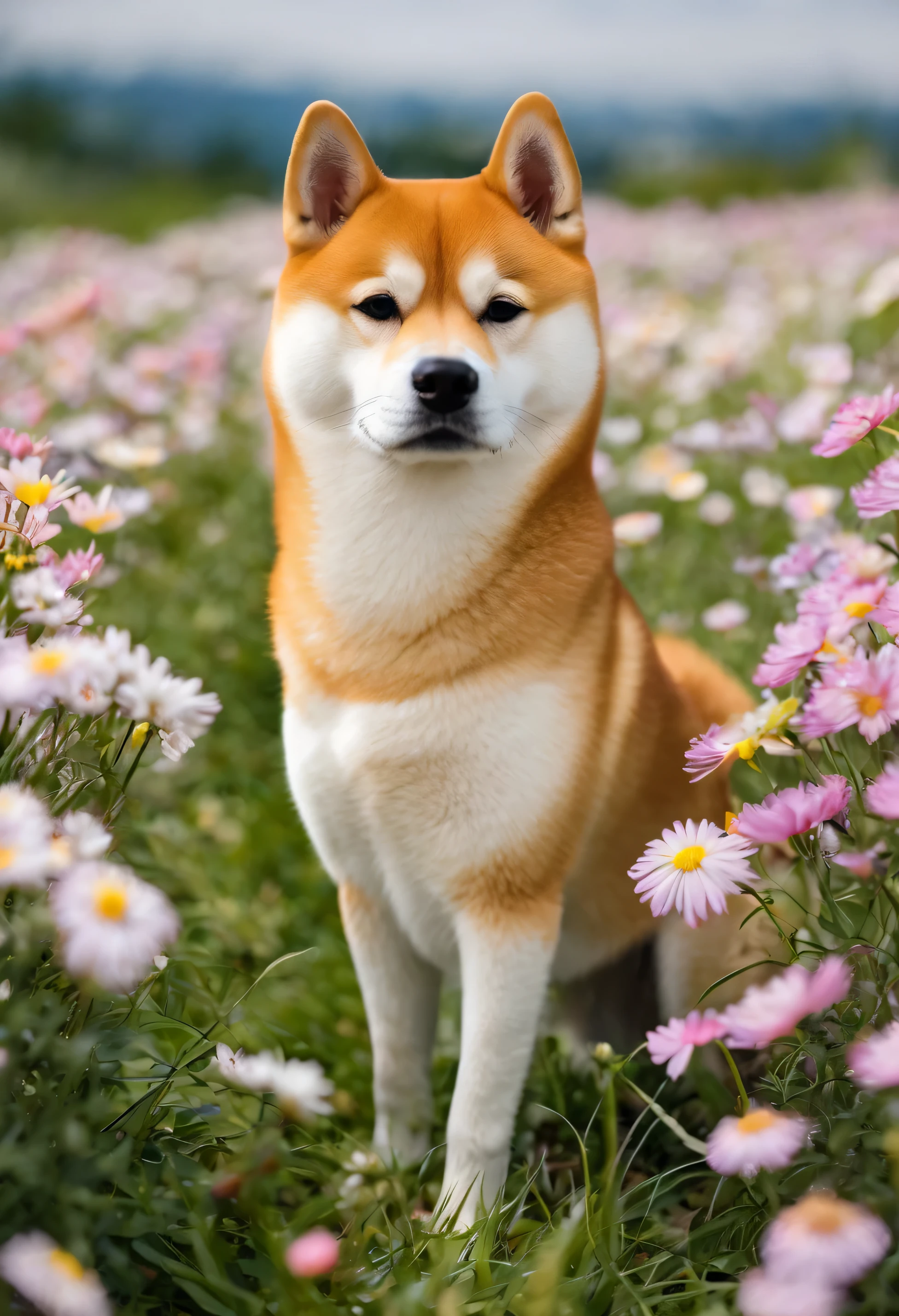 shiba inu in a flower field