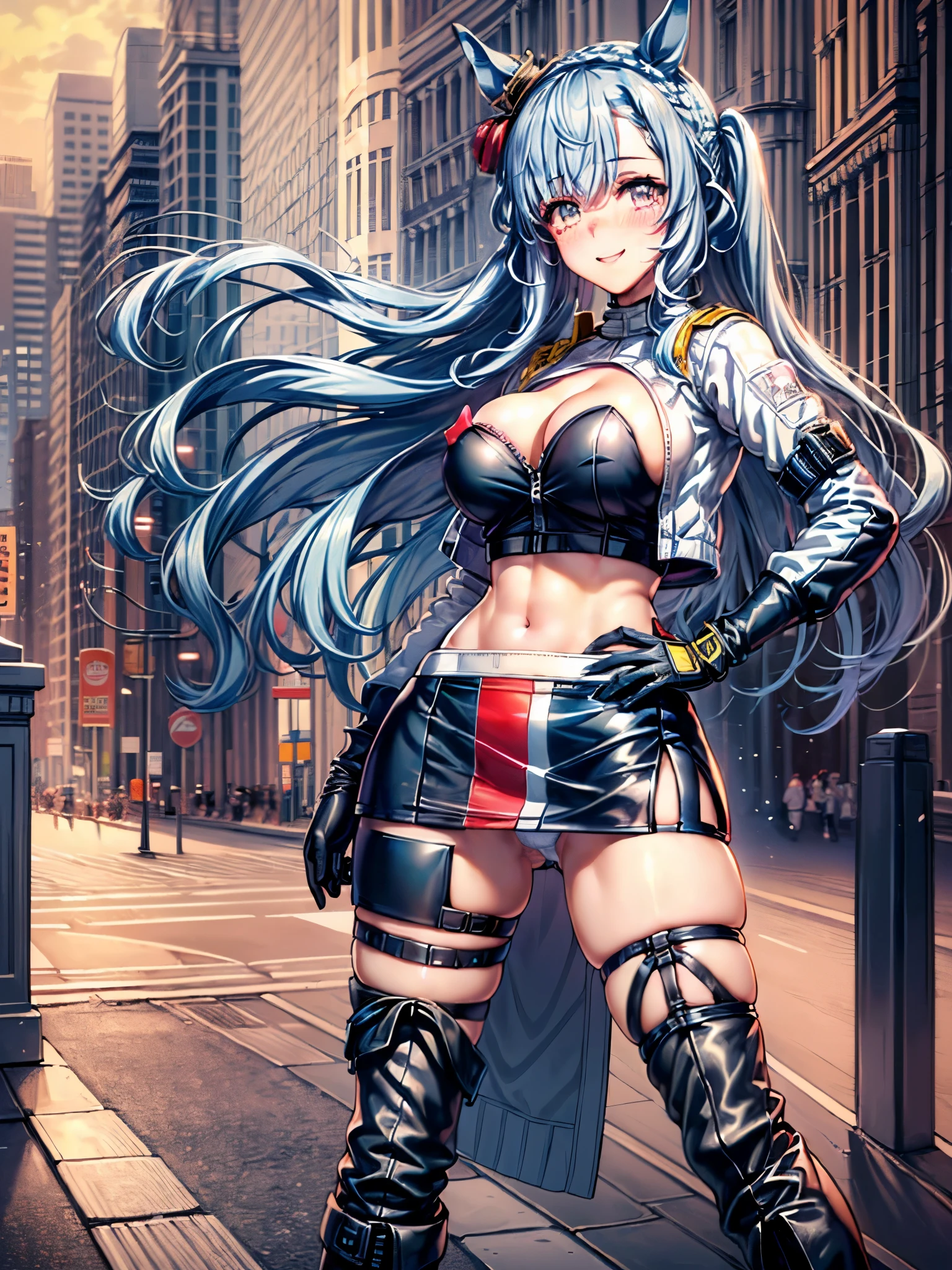 (8k, best quality, masterpiece:1.2), ultra-detailed, (high brightness:1.3), (high contrast:1.1), (high saturation:1.1), (anime screencap:1.20), 1girl, ((solo:1.20)), (mejiro ardan \(umamusume\))), ((animal ears, horse ears, horse girl, horse tail)), ((long hair:1.10)), ((light blue hair:1.5)), ((((hair ornament:1.5)), (ear ornament:1.3), cute, ((Detailed details eyes:1.5)), cute, (red blush:1.5), (((((race queen:1.10))))), skirt, ((blue skirt:1.10)), ((white jacket:1.10)), ((boots:1.10)), (gloves, black gloves), jacket, midriff, ((full body:1.20)), breasts, thigh boots, navel, half gloves, cropped jacket, ((high heel boots:1.10)), ((white footwear)), jacket removed, ((thighhighs:1.10)), planted, high heels, ((thigh strap:1.5)), (((saggy large breasts:1.20))), (((cleavage:1.20))), ((miniskirt:1.20)), ((cute smile, happy)), (((bandeau:1.20))), standing, holding, ((crop top:1.10)), (((puffy nipplse:1.20))), (((large areola:1.10))), (((show panties:1.20))), (((white highleg panties:1.20))),