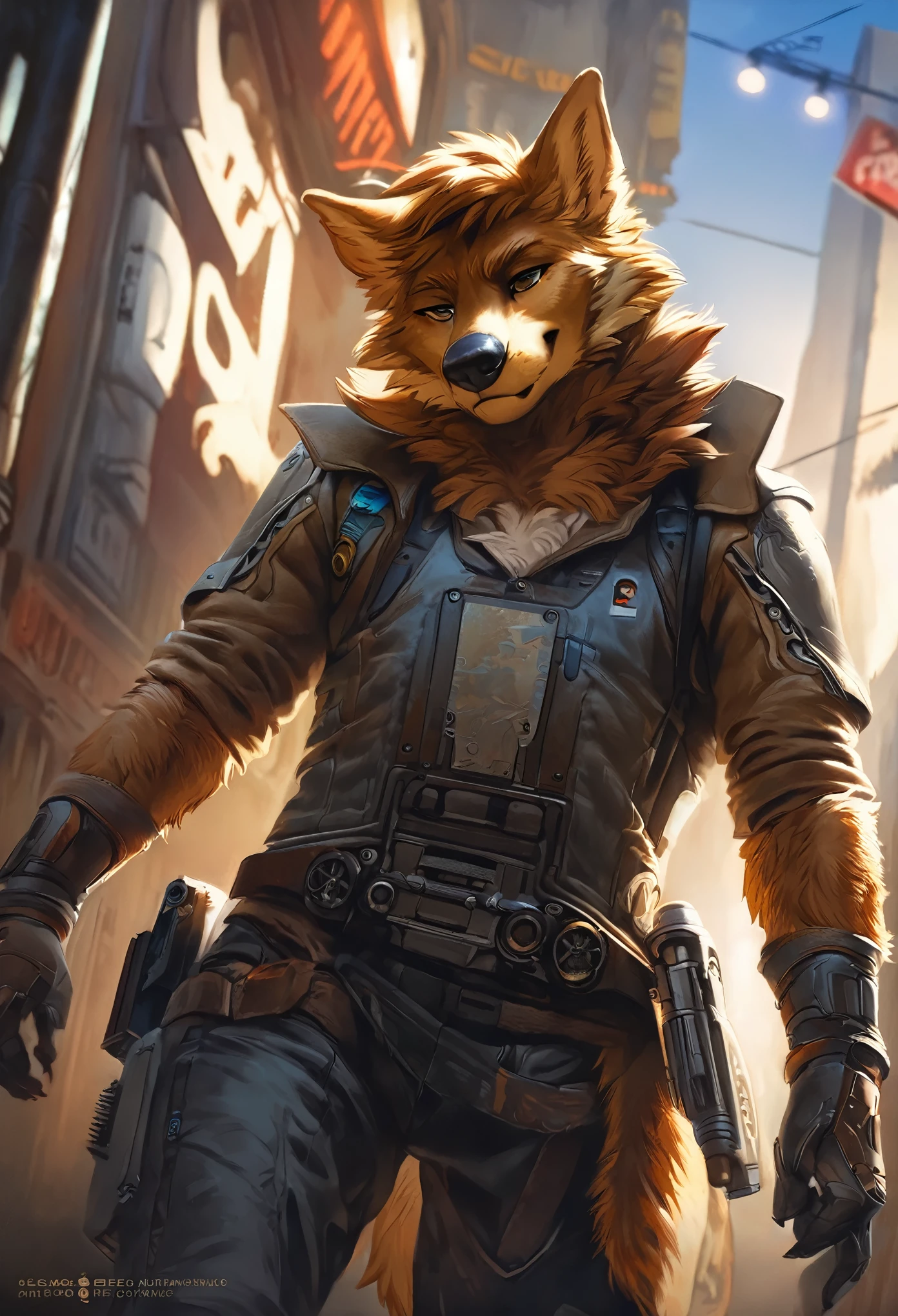 cover page, highres, top quality, best quality, paid reward available, unparalleled masterpiece, perfect artwork, absurdres, High-quality illustrations by Johannes Vermeer, Dark_Fantasy, Cyberpunk, steam punk(super handsome boy, single, kemono)Mechanical marvel, Robotic presence, Cybernetic guardian, wearing a worn-out mech suit, intricate(steel metal, rusty)(furry anthro:1.7)(Furry body, dog facial features, dog body features)elegant, clear focus, shot by greg rutkowski, soft lighting, vibrant colors, masterpiece((street))cowboy shot, dynamic angle,