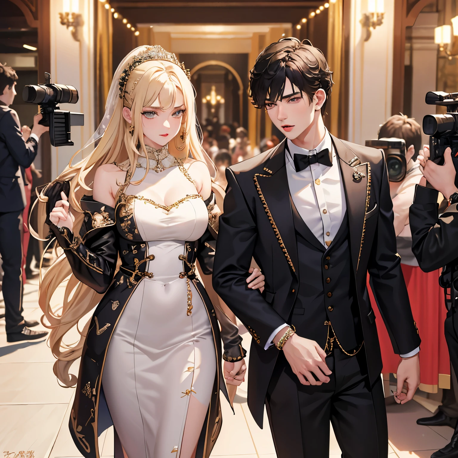 masterpiece, highest quality, 8k, Very detailed, vector, highest quality, A handsome 23-year-old young male idol and a beautiful 20-year-old young woman, fashionable, Being captured on camera、multiple cameras、Shooting in progress、Fashion Model、Romance, Couple, lover