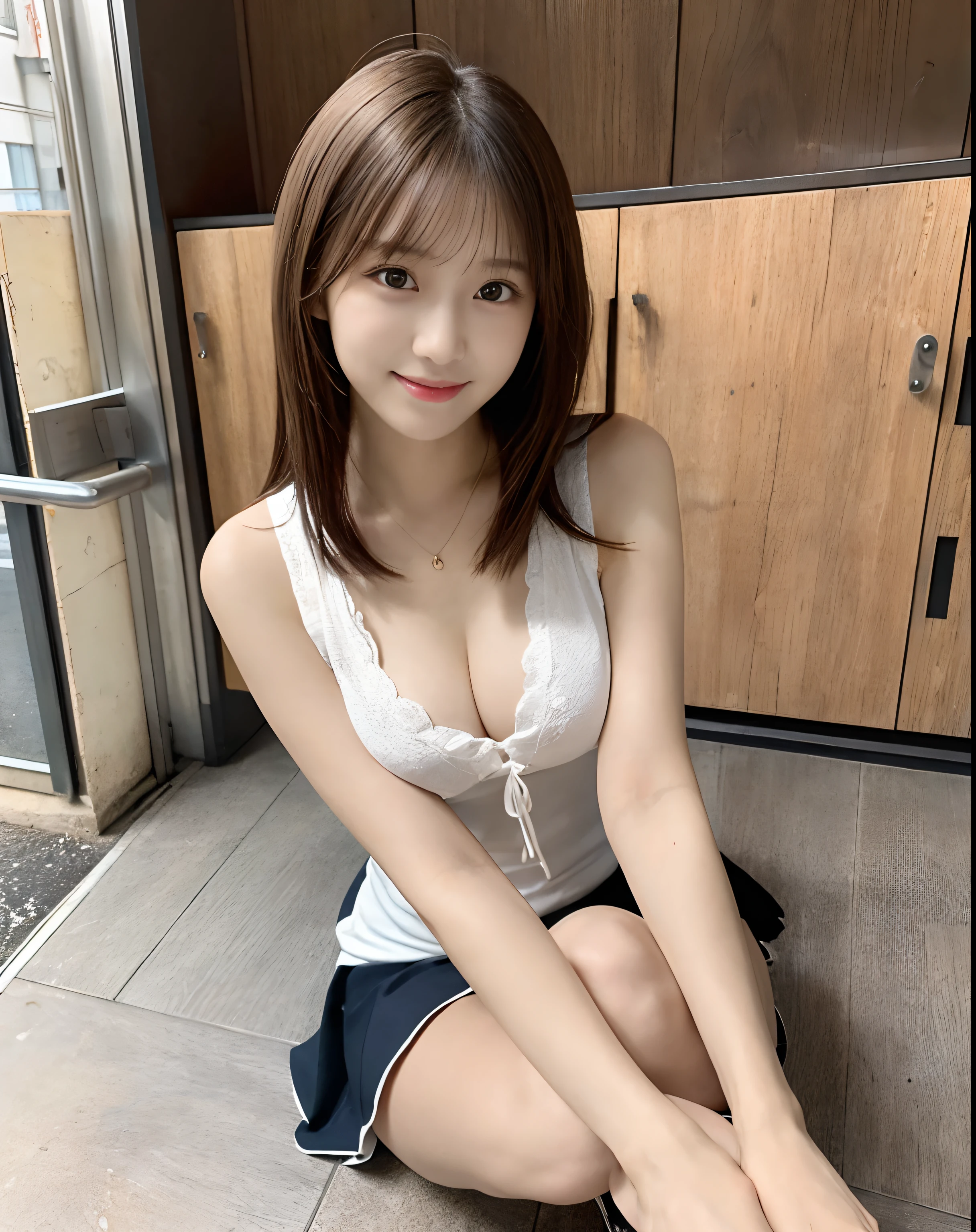 masterpiece:1.3), (8k, Photorealistic, Raw photo, Best image quality: 1.4), (1 Japanese High ****** Girl)、My hair is messy, Asymmetrical bangs, Light brown hair、Cleavage, Super detailed face、Attention to detail、Close your chest、Sharp focus、1. The cutest woman、Light brown hair、highest quality、masterpiece、超A high resolution、(Photorealistic:1.4)、Highly detailed and professionally lit smile、thin, girl、Nogizaka Idol、Korean Idol、Gravure idol pose、actress、19 years old、expensive, side、slim , thin脚, (Raise your knees:1.2),