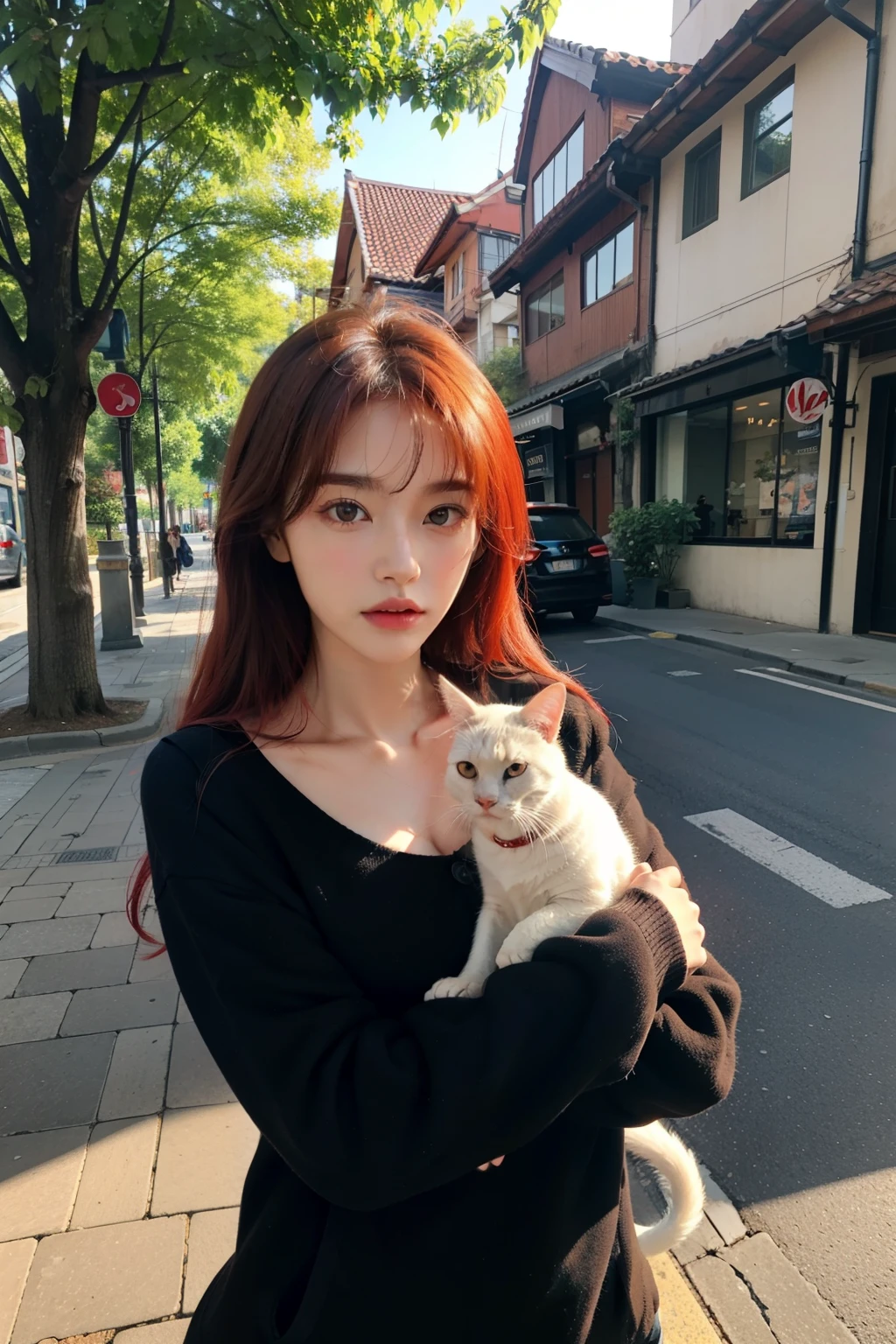 ((best quality)), ((masterpiece)), (detailed), perfect face, Close up of person holding cat on street, Best Face, with red hair, Doyoung Kim, Jinyoung Shin, very beautiful cute cat, random pose,