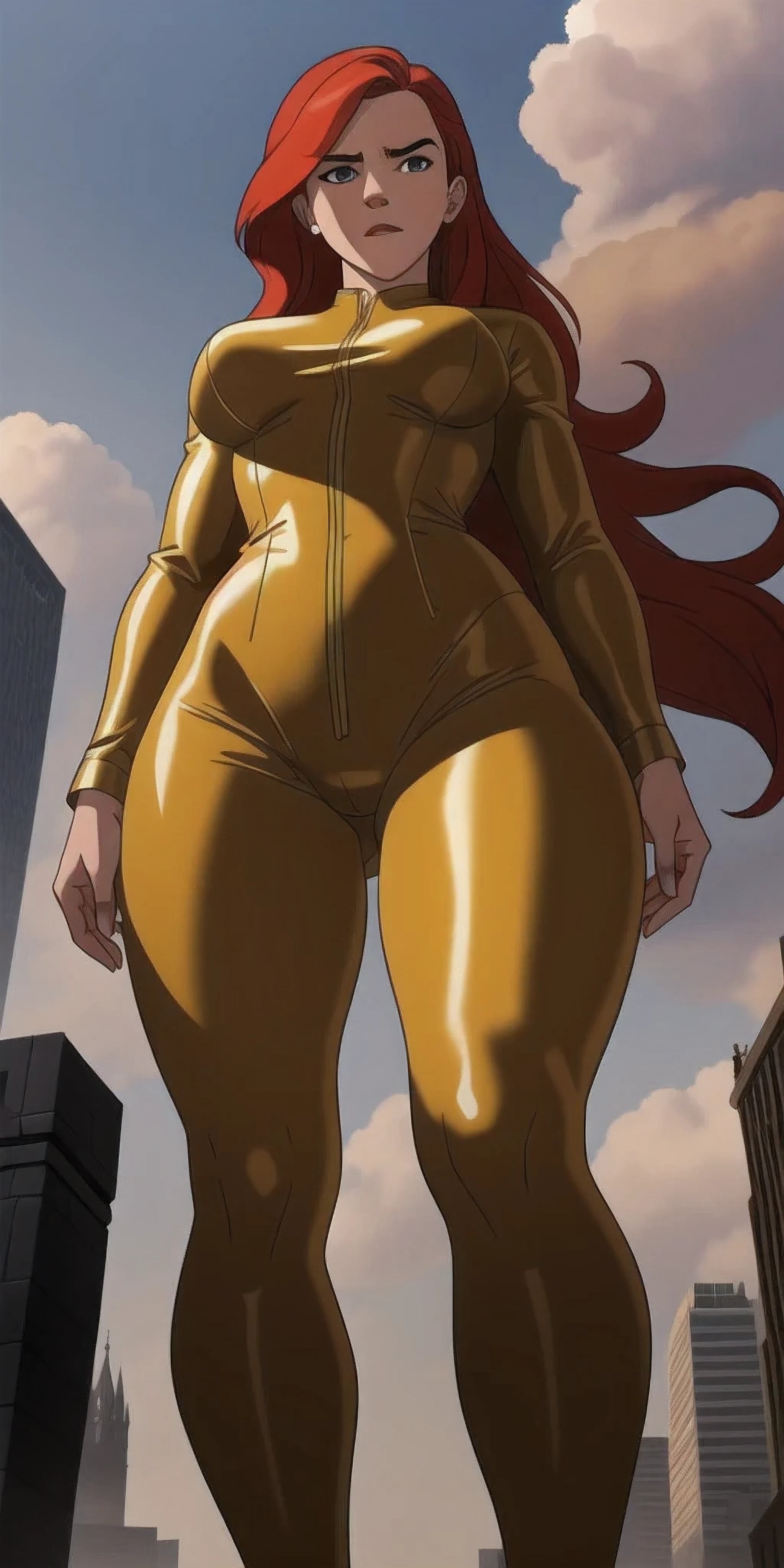 (Emma Watson face), "A towering Giantess in a skintight yellow bodysuit. beautiful woman, beautiful hair, Wild Bright red hair. Pale, freckles. Her toned and athletic build hints at her massive strength. She seems to be casually strolling through the bustling cityscape of GTS City, she towers over buildings, looms overhead. Smoke and clouds roil around her, adding to the sense of epic scale and drama. The lighting is dark, gloomy, and realistic, creating a tense and ominous atmosphere. The perspective is from below, emphasizing the sheer majesty and power of the Giantess."