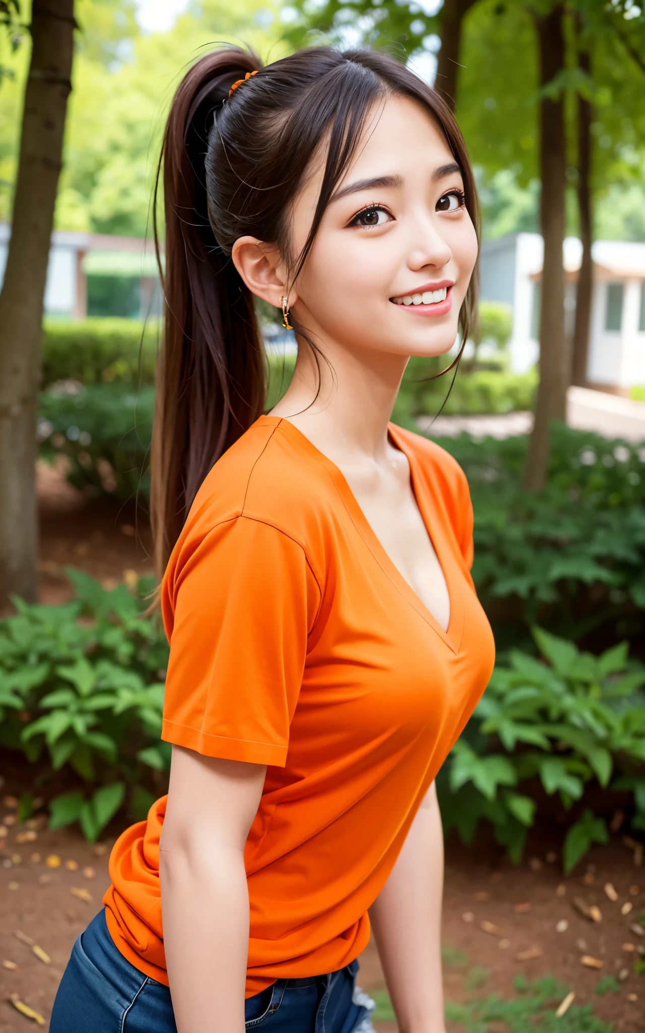 highest quality, figure, Ultra-detailed, finely, High resolution, 8K Wallpaper, 完璧なダイナミックな構figure, Beautiful Skin, (Big Eyes), 20 year old beautiful girl, Natural color lip, (Sexy pose), Mid chest, smile, Highly detailed face and skin texture, Detailed eyes, Double eyelid,leaking teeth and laughing, close-up, profile, Brown hair ponytail, (orange cut shirt:1.2), Beautiful Forest