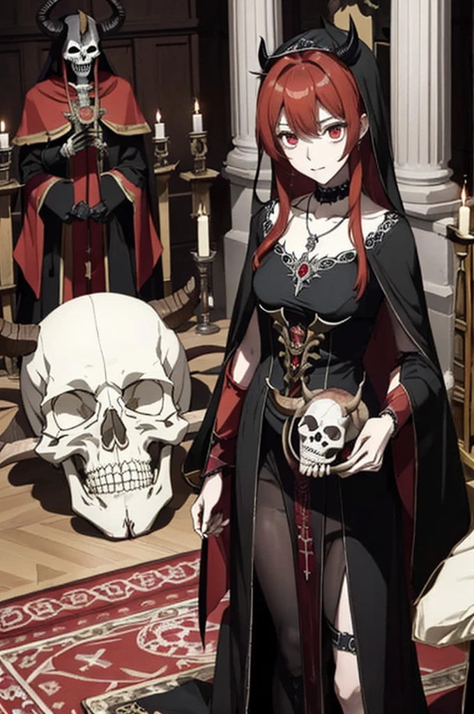 ((highest quality)), ((masterpiece)), (be familiar with), Perfect Face、The Enchanting Body of Celica（FE）、Red hair、The perfect proportions、semi-long、necklace、Bangles、Caster wheel、Circlet、Luxury Accessories、first round、Fallen into evil、、Blank look、Engagement Rings、Hollow Eyes、Ritual of Summoning Demons、Dark Room、Red magic circle on the floor、Mass skeletonsの燭台と蝋燭、darkness、Black sheets、Devil's Altar、Suspicious rituals、A large number of skull objects、Big magic circle on the floor、Skeleton Candelabra、Luxury Jewelry、Be baptized by the devil、Skeleton Crown、black large gemstone pendant、empty eyes、Apathy、Expressionless、Black priestly uniform、devil&#39;s priest、believer in demons、dark priest、Black religious clothing、Richly decorated priestly vestments、Black clothes、Black Veil、Devil's Ornaments、Devil&#39;s Accessories、Temple of the Devil、Baphomet&#39;s Servant、Standing in front of the altar、Open your arms、Big devil statue、Black interior、Big devil statueに祈りを捧げる、Large goat-headed devil statue、Big Baphomet statue、Wear a skeleton mask、Body and soul become demons、Skeleton Demon、Skeleton Demon神官セリカ、Mass skeletons、Wearing a skeleton、Put a skeleton mask on your face、skeleton、skeletonと結婚する、skeletonとの結婚式、skeletonと抱き合う、skeletonとキス