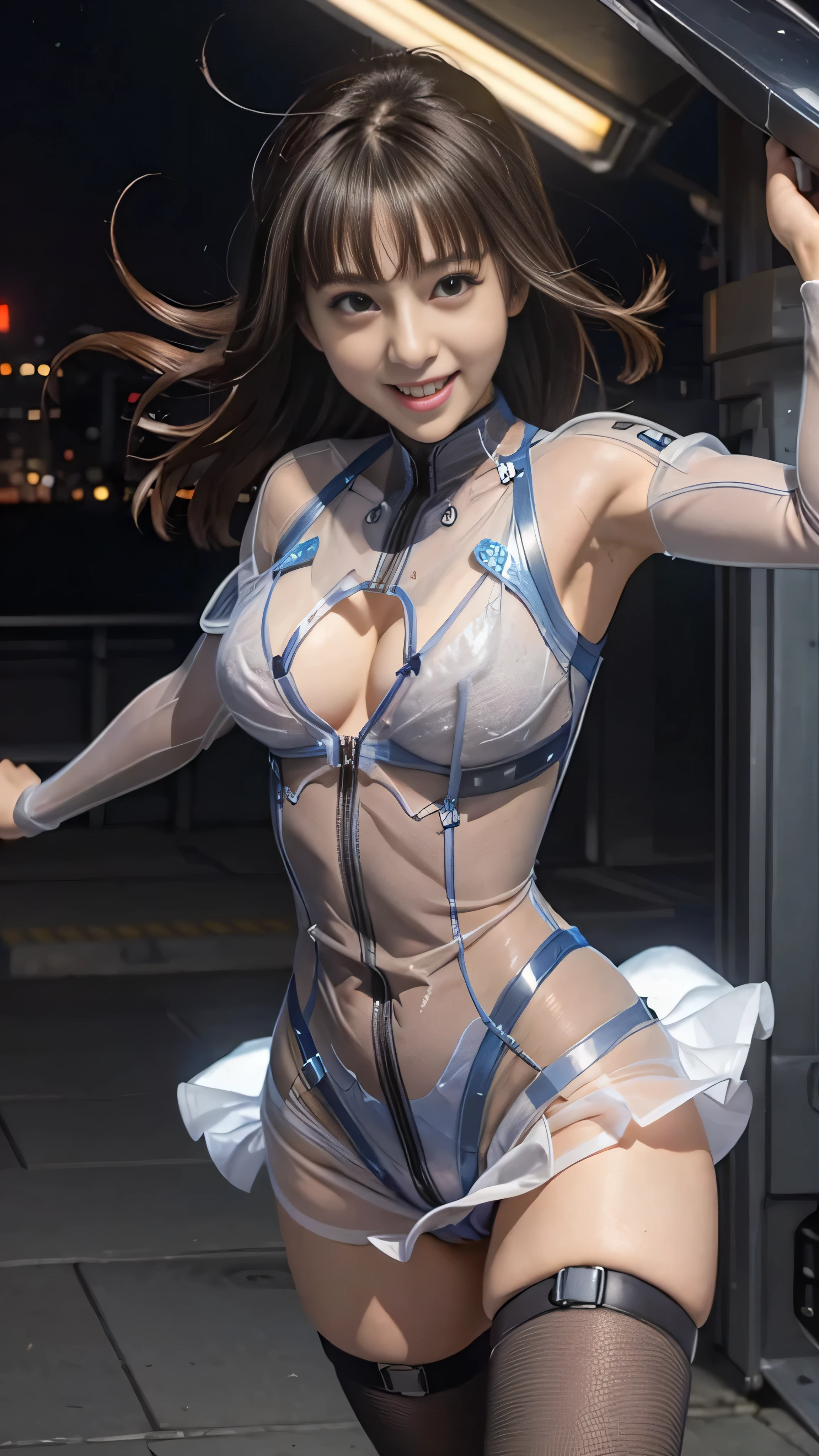 RAW quality, highest quality, woman,20-year-old,,city,night,white tight miniskirt bodysuit,(Harada Makoto),Open mouth smiling,(((See-through)))