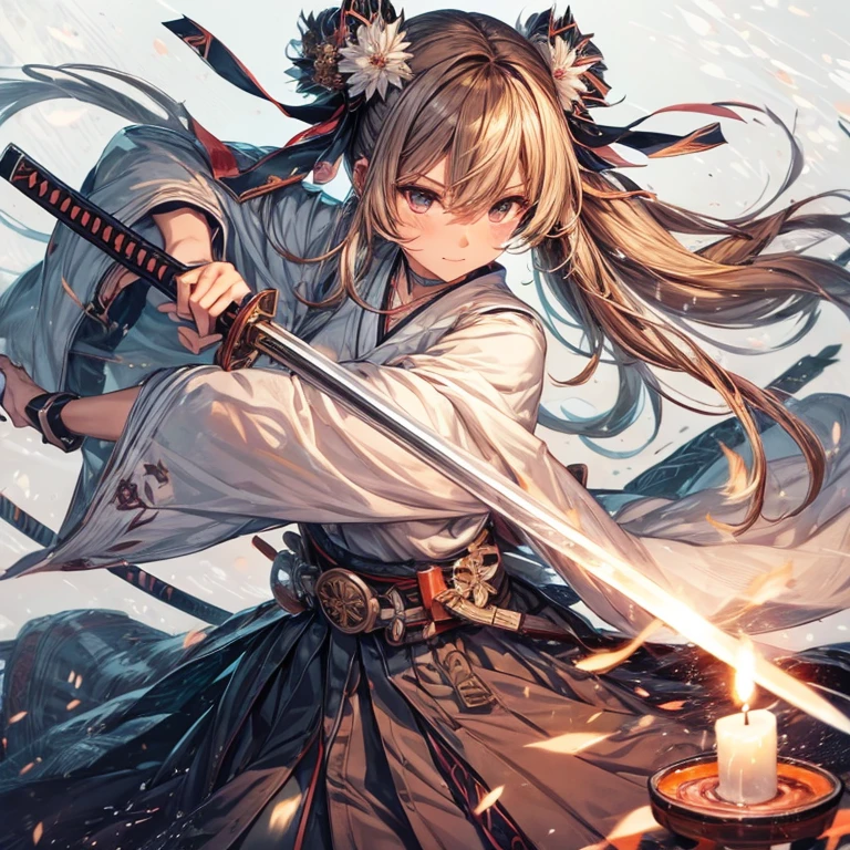 ronin girl quick draw katana from sheath held, slashing horizontally with massive motion trail. ultra detailed waifu action anime iai style, silent tranquil concentration of mind, in front of candle lighting, fgo