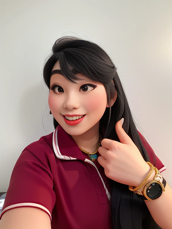 Happy Asian woman with red lipstick, long black hair