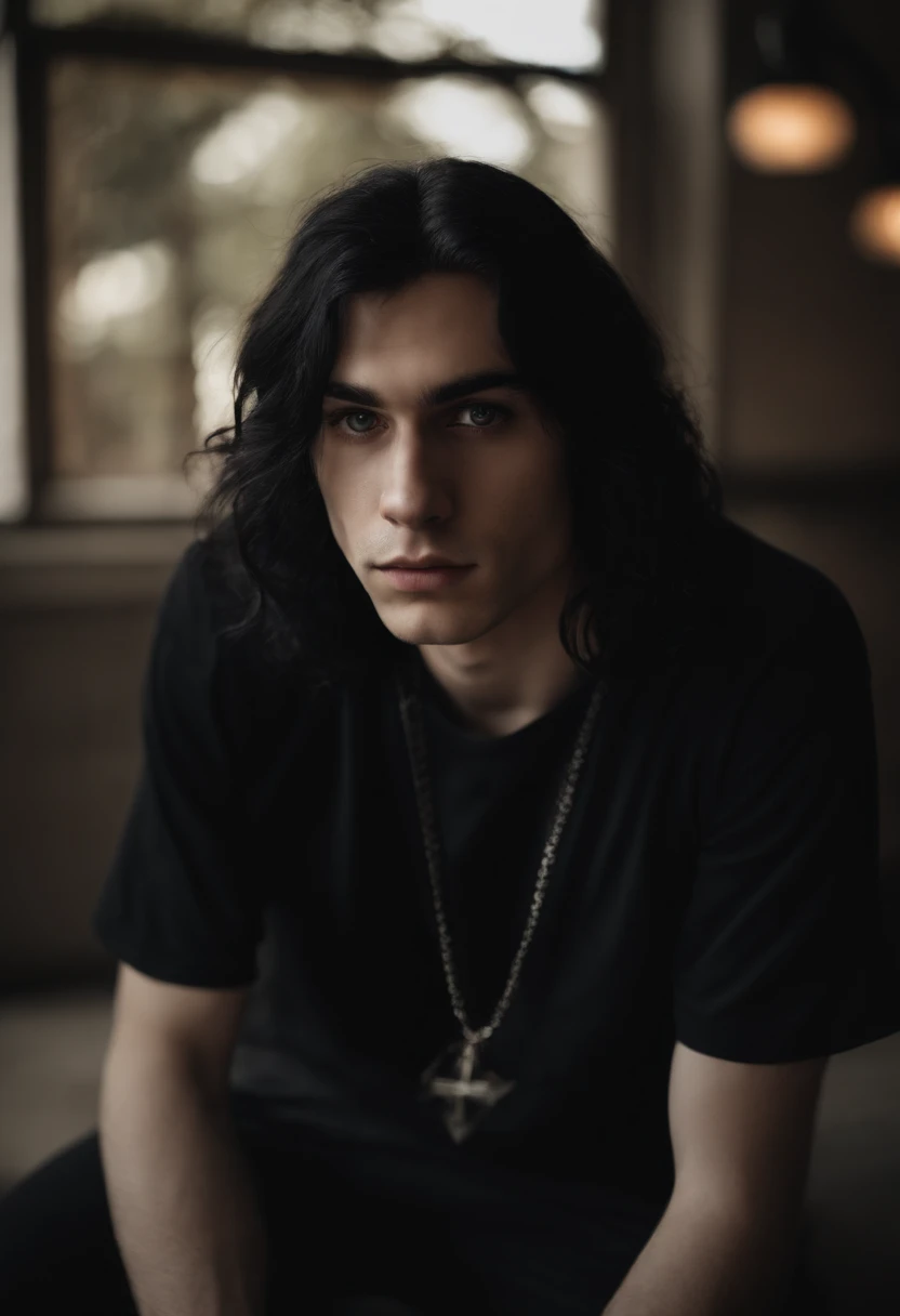 Portrait of a young man in his twenties, has an alternative and eccentric style. He has really long black hair, a piercing in his mouth, a lot of occult-themed and his skin is very white. He wears a NSFW black t-shirt, ragged short jeans, starred socks that go up his knees and Converse-style shoes.