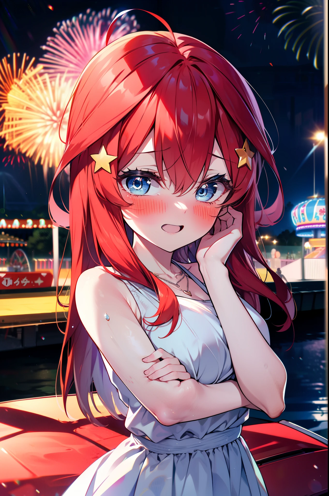 itsukinakano, Itsuki Nakano, bangs, blue eyes, Hair between the eyes, Ahoge, Redhead, star \(symbol\), hair ornaments, star hair ornaments,smile,blush,happy atmosphere,
(Great Laugh:1.1), (Open your mouth:1.1), Sun glare, Bokeh, Written boundary depth, blurred background, Particles of light, Strong winds, White long skirt integrated dress,Exposing shoulders,bare clavicle,Bare neck,Bare arms,Cute Sandals,slouch,Look up,night,moonlight,star,romantic,Heart Necklace,amusement park, roller coaster, carousel, Bumper Car, Ferris wheel, water park,firework, break looking at viewer, Upper Body, whole body,(Cowboy Shot:1. 3) break outdoors, amusement park break (masterpiece:1.2), highest quality, High resolution, unity 8k wallpaper, (shape:0.8), (Fine and beautiful eyes:1.6), Highly detailed face, Perfect lighting, Highly detailed CG, (Perfect hands, Perfect Anatomy),
