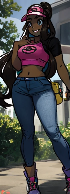(Pokemon Rosa:1.3), beautiful,masterpiece, (smir),((gigantic breasts)),smile,best quality, crop top, wearing jeans, outdoors,sunny,(1girl:1.3), wide hips, loose top, teen girl, hyper realistic, bending forward, partially breasts, boob window, volleyball size breasts, Slutty , slutty expression