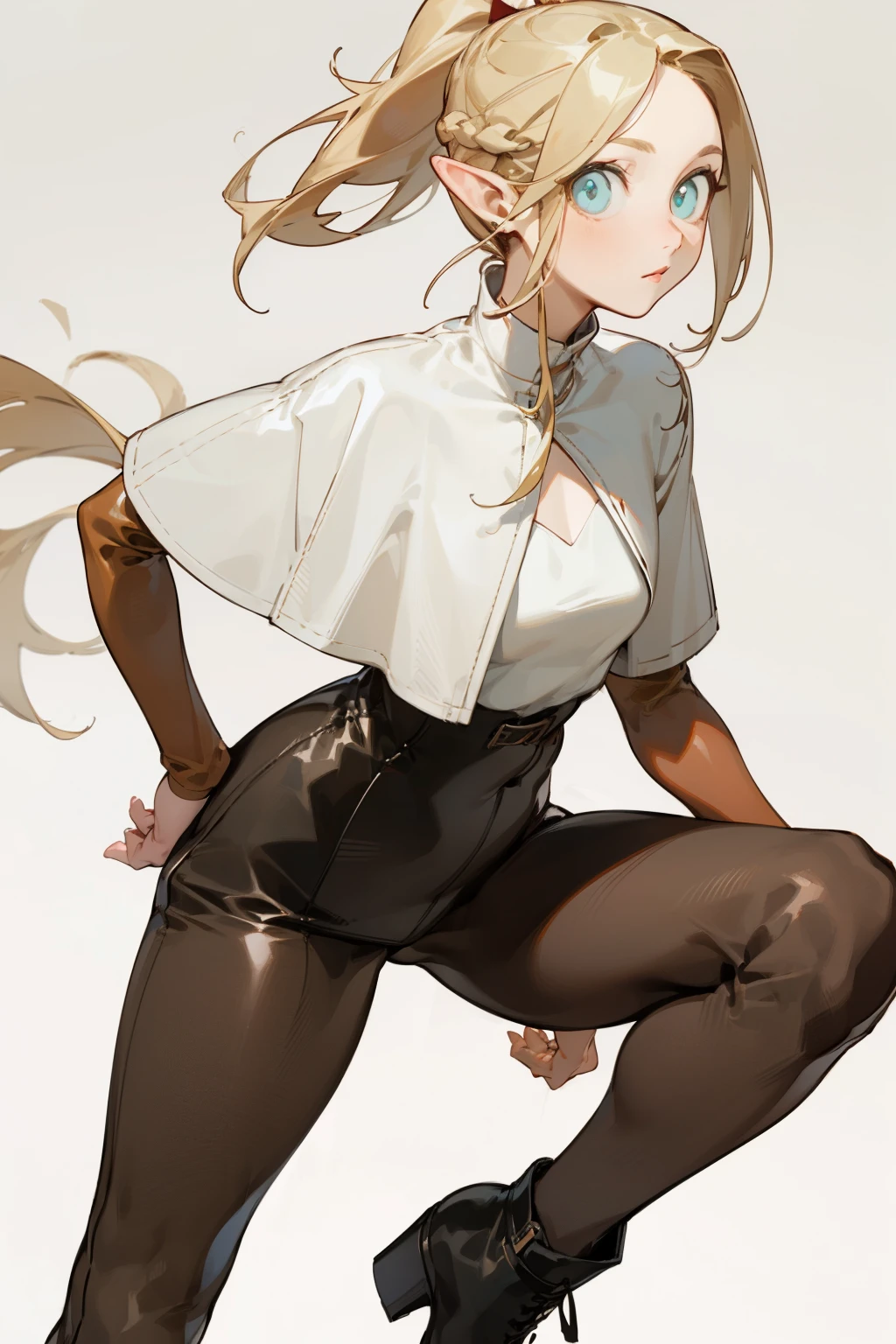 Pantyhose，Tight leather pants，White top，boots， Fashion Clothing，Long blond hair，Single ponytail，high ponytail， bust and waist，Beautiful blonde，（masterpiece），（（best quality）），（Ultra Detailed），（beautiful eyes beautiful details eyes，Clean and delicate face）