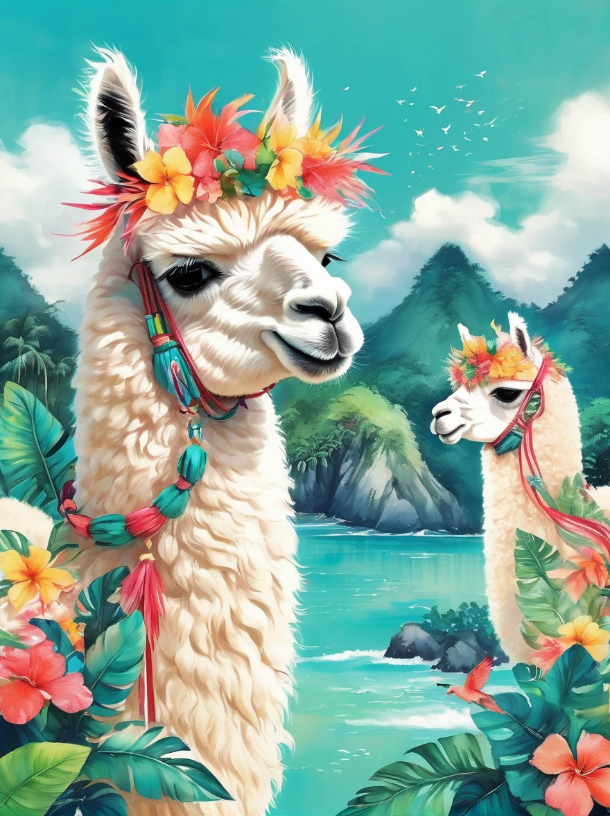 Imaginative illustrations，Tropical theme colors，(portrait:1.8)，(Fluffy Alpaca:1.5)，(personification:1.3)，(Alpaca Focus:1.5)，Bright colors，Gorgeous，Dazzling accessories，Expressive faces，Standing，Luxurious fur，Shine brightly，warm sunshine，neon green，Intense teal with bright coral accents，The energy of a tropical paradise，Tiny glitter particles are scattered throughout their fur.，Suggesting the glitter of sunlight reflecting off the waves，Their paws gently hold a fresh coconut，Further strengthening the tropical theme, Ink Painting, Chinese,