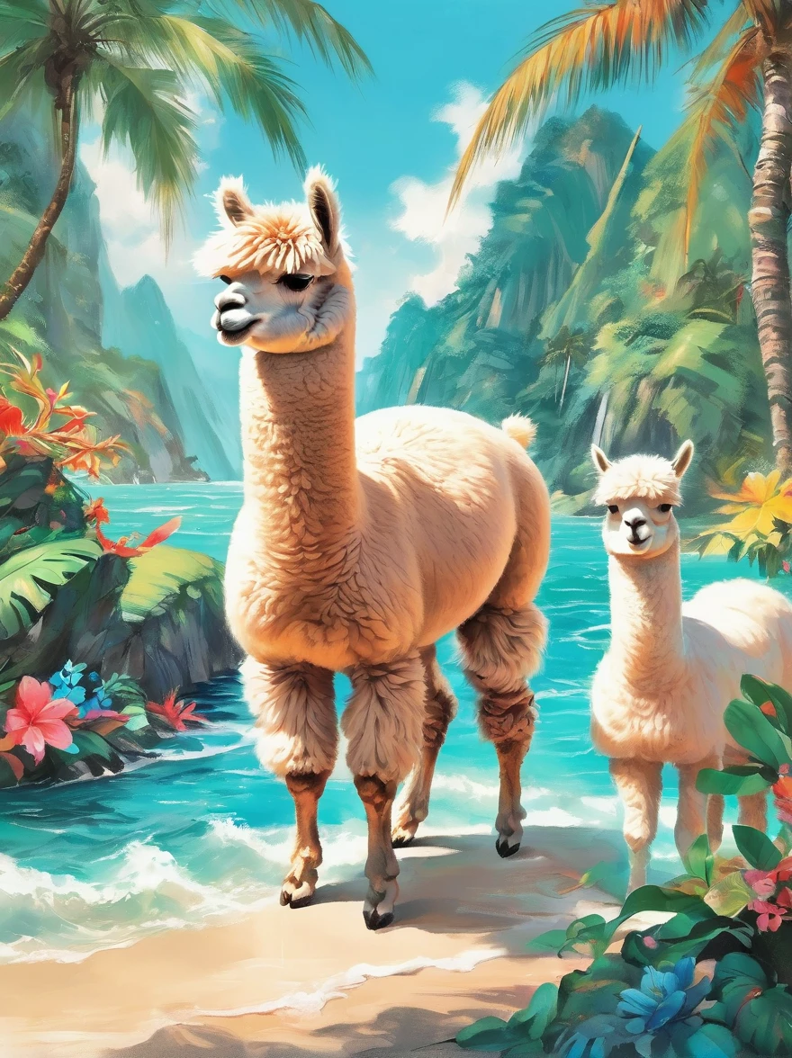 Imaginative illustrations,Tropical theme colors,(portrait:1.8),(Fluffy Alpaca:1.5),(personification:1.3),(Alpaca Focus:1.5),Bright colors,Gorgeous,Dazzling accessories,Expressive faces,Standing,Luxurious fur,Shine brightly,warm sunshine,neon green,Intense teal with bright coral accents,The energy of a tropical paradise,Tiny glitter particles are scattered throughout their fur.,Suggesting the glitter of sunlight reflecting off the waves,Their paws gently hold a fresh coconut,Further strengthening the tropical theme, Ink Painting, Chinese,