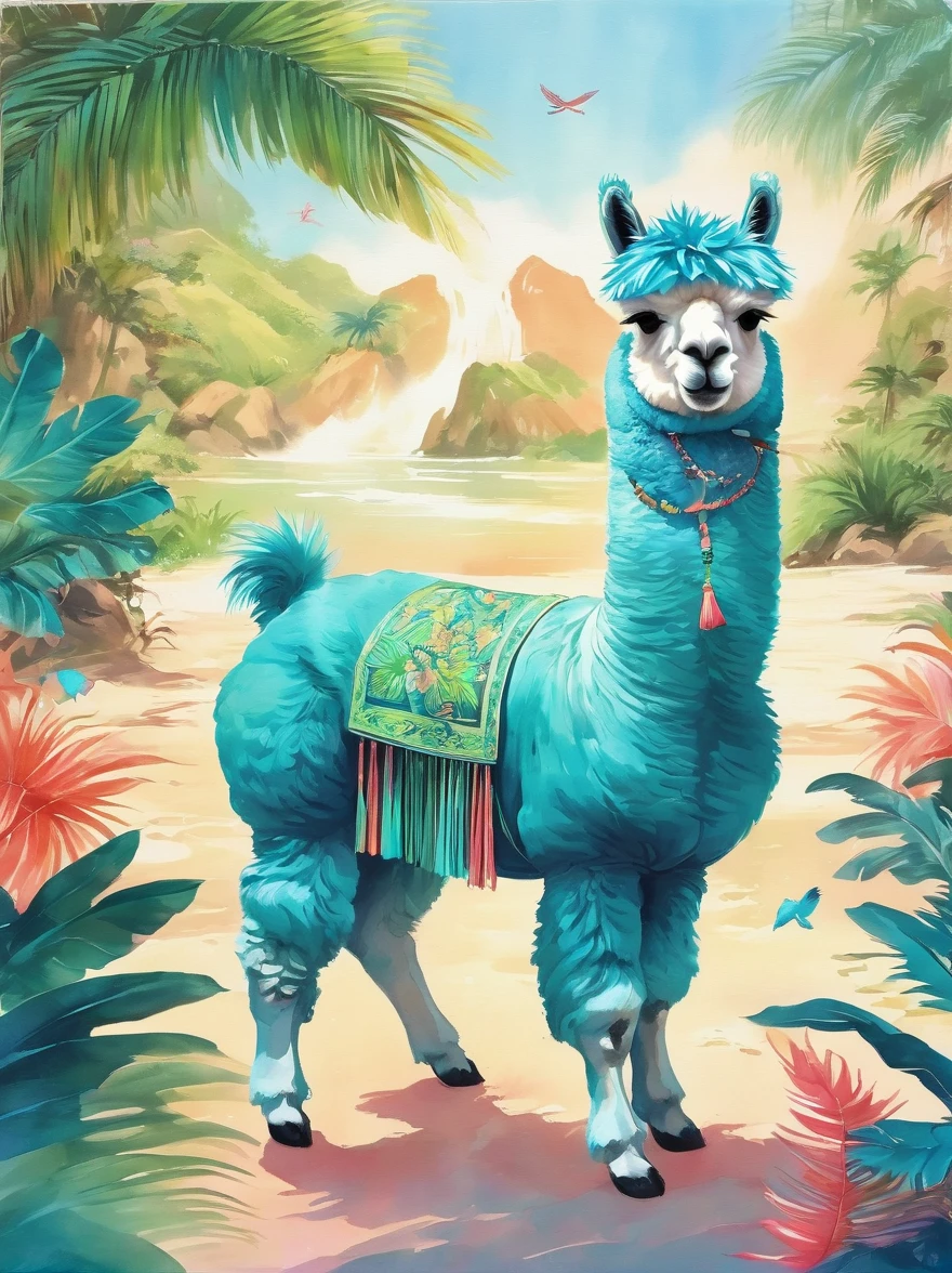 Imaginative illustrations，Tropical theme colors，(portrait:1.8)，(Fluffy Alpaca:1.5)，(personification:1.3)，(Alpaca Focus:1.5)，Bright colors，Gorgeous，Dazzling accessories，Expressive faces，Standing，Luxurious fur，Shine brightly，warm sunshine，neon green，Intense teal with bright coral accents，The energy of a tropical paradise，Tiny glitter particles are scattered throughout their fur.，Suggesting the glitter of sunlight reflecting off the waves，Their paws gently hold a fresh coconut，Further strengthening the tropical theme, Ink Painting, Chinese,