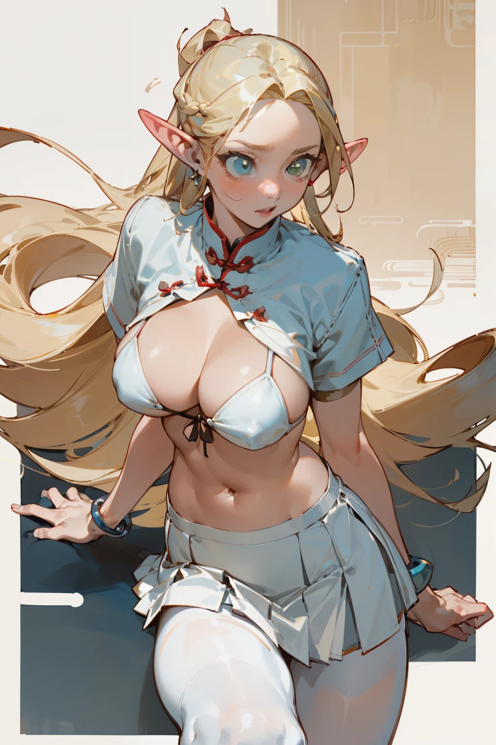 (masterpiece, best quality) detailed, Wearing white tights, silver accessories ,, Blonde ,elegant, Pointed ears ,Chinese element pattern,thigh,漏出thigh,White shirt,White pleated skirt,big breasts,bikini