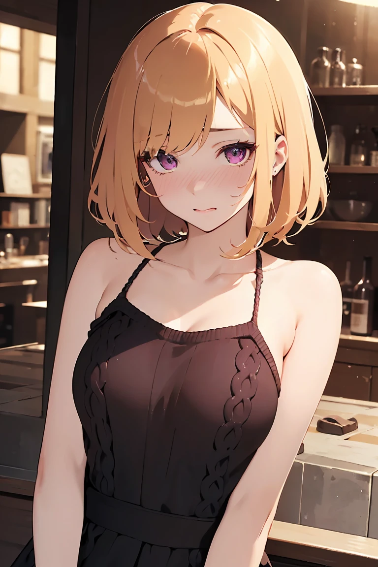 masterpiece, absurdres, best quality, ultra detailed, high Resolution, detailed illustration, extremely beautiful detailed face and eyes, bright colour, 1girl, (), cute face, Delicate beautiful face, magenta eyes, cute eyes, sparkling eyes, big eyes, medium breasts, (perky breasts:1.1), (pointy breasts:1.1), medium hips, glamorous body, white skin, happy, BREAK, long bob cut, (blonde hair:0.8), messy hair, detailed hair, shiny hair, BREAK casual dress, tiny ribbon, cabaret club, real world, natural lights, perfect lighting,