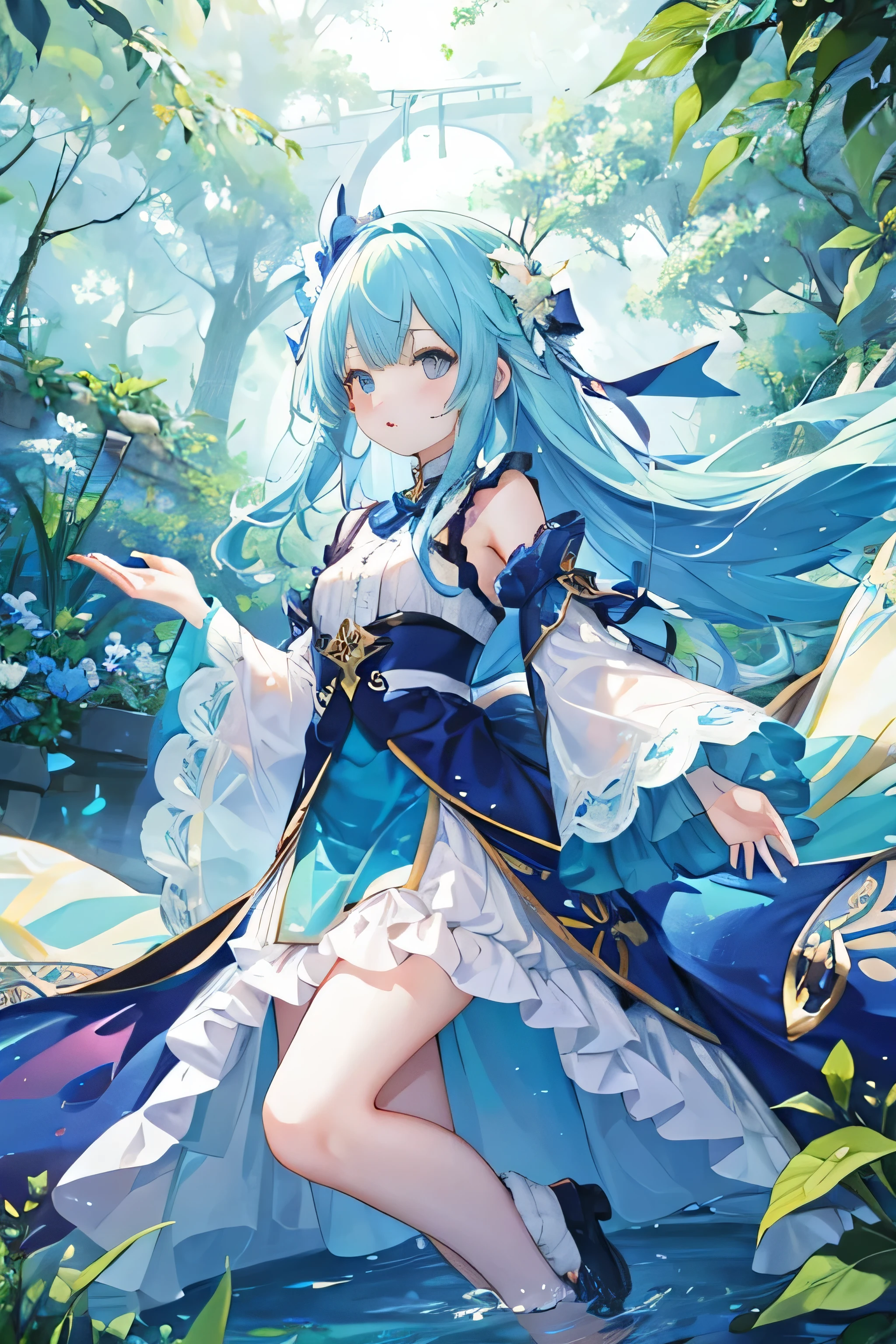 1 girl、blue long hair、Everyone has their feet、Floating、water spirit、Forest Oasis、Arms outstretched