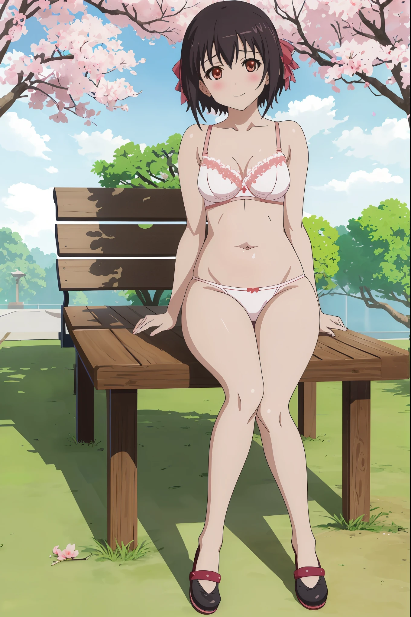 [[anime styled]],[[digitalart]],NSFW,1girl in,(Portrait),face focus/close up,park,(many cherry blossoms),Cherry blossoms are in full bloom,Cherry blossom petals dance and are scattered,strong windy,(hold the hair),(sitting,bench),Tomomi_Xijing,black hair,hair ribbon, Short hair,(nude),(bra,bra strap),(panties),shoes,medium build,perfect anatomy,Smile,blush,best quality,master piece,Perfect Lighting,(strong light),((brighten the subject)),oily skin,cury:1.2,,Best Quality,anime screen cap,Flat color,cel shading,Panties,short torso,,