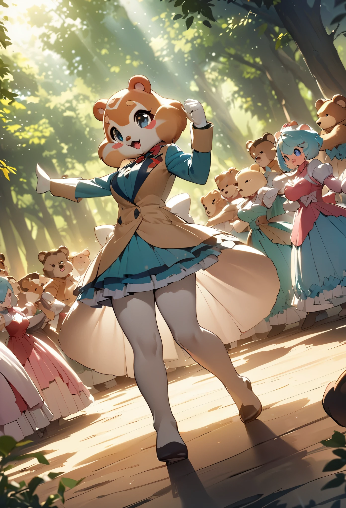 top quality, best quality, High-quality illustrations, masterpiece, super high resolution, detailed background, forest(super cute 1girl, bear, pair)singing, dancing, waltz, 6+boys, 6+girls, absurdres(highly detailed beautiful face and eyes)perfect anatomy, expression, good lighting, cinematic shadow(kemono, furry anthro)assorted poses, dynamic angle,