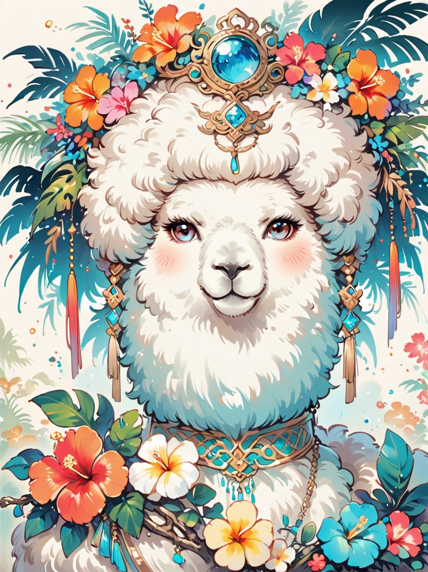 Imaginative illustrations，Tropical theme colors，(portrait:1.8)，(Fluffy Alpaca:1.5)，(personification:1.3)，(Alpaca Focus:1.5)，Bright colors，Gorgeous，Dazzling accessories，Expressive faces，Standing，Luxurious fur，Shine brightly，warm sunshine，neon green，Intense teal with bright coral accents，The energy of a tropical paradise，Tiny glitter particles are scattered throughout their fur.，Suggesting the glitter of sunlight reflecting off the waves，Their paws gently hold a fresh coconut，Further strengthening the tropical theme, Ink Painting, Chinese,