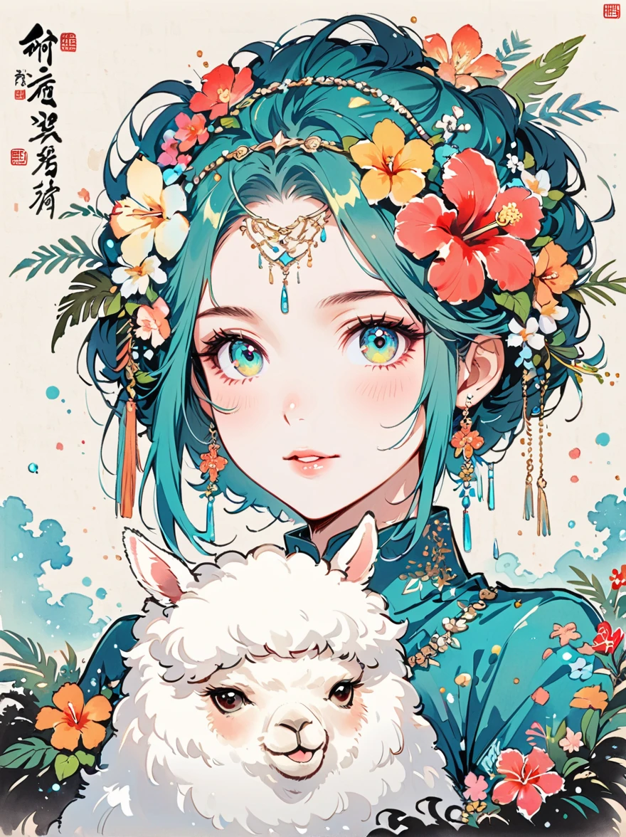 Imaginative illustrations，Tropical theme colors，(portrait:1.8)，(Fluffy Alpaca:1.5)，(personification:1.3)，(Alpaca Focus:1.5)，Bright colors，Gorgeous，Dazzling accessories，Expressive faces，Standing，Luxurious fur，Shine brightly，warm sunshine，neon green，Intense teal with bright coral accents，The energy of a tropical paradise，Tiny glitter particles are scattered throughout their fur.，Suggesting the glitter of sunlight reflecting off the waves，Their paws gently hold a fresh coconut，Further strengthening the tropical theme, Ink Painting, Chinese,