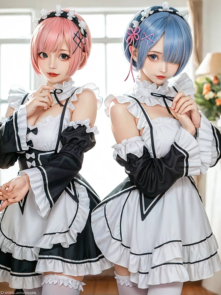 (8K, Photorealistic, Raw photo, of the highest quality: 1.3), (1girl in), Super beautiful, (Realistic face), (boyish, pink Color Berry Shorthair), Beautiful , Glare that captivates the viewer, Beautiful expression, Beautiful breasts, (Realistic skin), Be...Create a detailed and colorful image of Ram and Rem from Re:Zero, standing back-to-back in their maid outfits, with a magical fantasy background、14years old, two girls,cute, perfect face, beautiful, nice body, gothic ta clothes, gothic loliashion, frilly skirt, headdress, necklace, bracelet, knee-high socks, boots, double eyelids, tear bags, Detailed down to the fingers, photo-like description, indoors, dim indoor lighting, one girl is pink hair and short bob, another girl is light blue hair and short bob,standing, sexy posing,whole body, composition that shows the whole body, smiling,The Both of them are wearing the same type of maid outfit,Optimal ratio of 4 fingers and 1 thumb