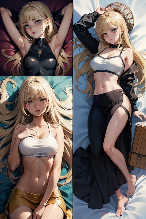 (Anime Style, Detailed Character Design: 1.3), Tan-skinned Girl, Cami Crop Top and Long Skirt, Upset Stomach, Holds Abdomen in Pain, Lying Down on Bed, (Expressive Face: 1.4), Pain and Suffering
This anime-style depiction showcases the tan-skinned girl as she lies on the bed, her face contorted in pain. She is dressed in a cami crop top, revealing her shimmering, tanned skin, and a long skirt that billows around her. Her hands clutch her abdomen, her expression embodying the depths of her discomfort and agony.