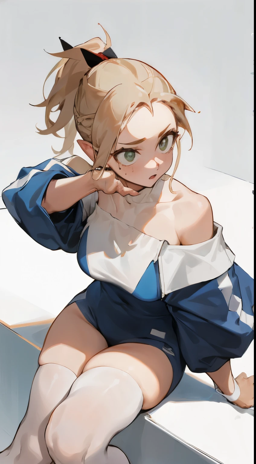 Big ，Off-shoulder，White knee-length stockings，high ponytail，stand up，Sportswear，A top-down view