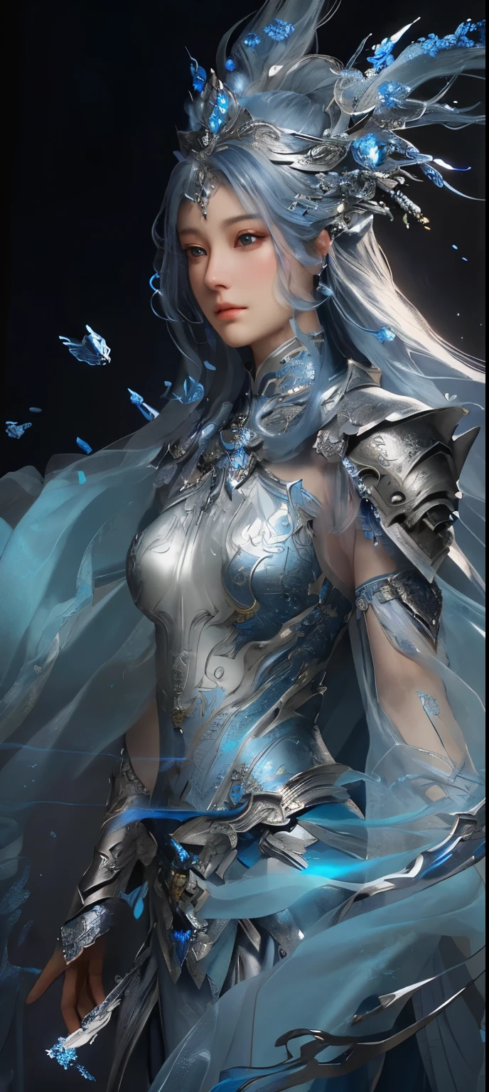 a close up of a woman in a silver and blue dress, chengwei pan on artstation, by Yang J, detailed fantasy art, stunning character art, fanart best artstation, epic exquisite character art, beautiful armor, extremely detailed artgerm, detailed digital anime art, artgerm on artstation pixiv, armor girl