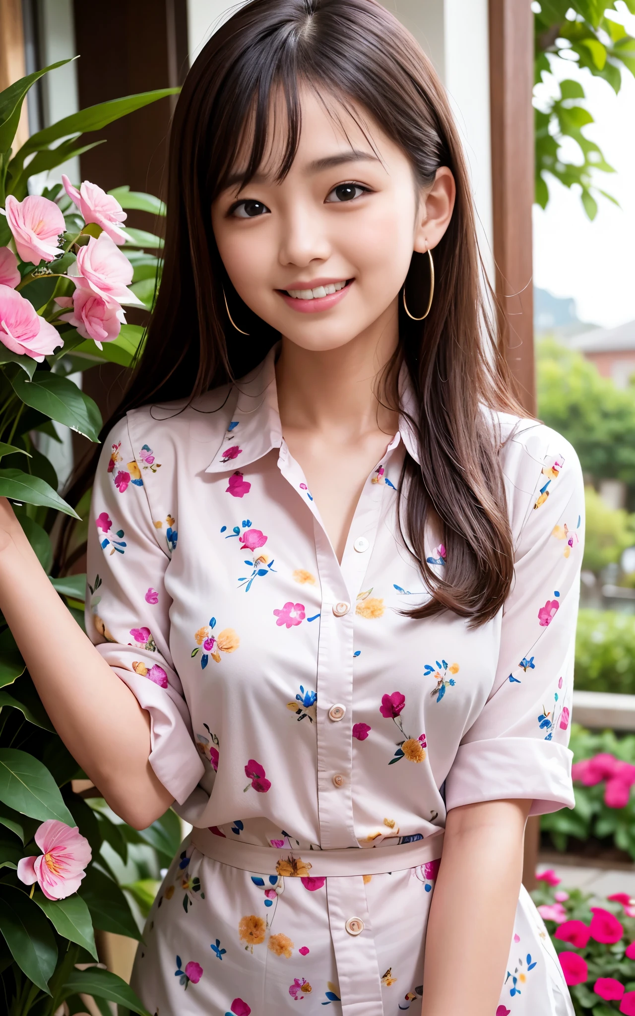 highest quality, figure, Ultra-detailed, finely, High resolution, 8K Wallpaper, 完璧なダイナミックな構figure, Beautiful Skin, (Big Eyes), 20 year old beautiful girl, Natural color lip, (Sexy pose), Mid chest, smile, Highly detailed face and skin texture, Detailed eyes, Double eyelid,leaking teeth and laughing, close-up, from behind, Brown long hair, (floral cutter shirt:1.2), garden