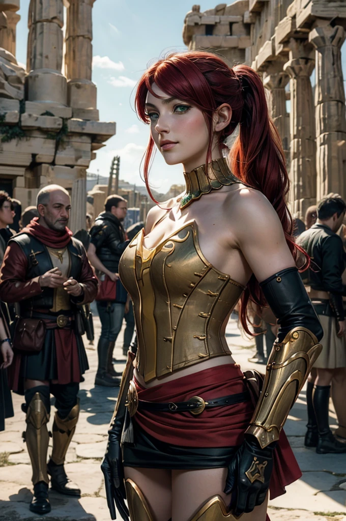 ((best quality)), ((highly detailed)), absurdres, (detailed eyes, deep eyes), (1girl), full body, pyrrha nikos, rwby, red hair, ponytail, green eyes, medium breasts, smiling, circlet, bustier, bare shoulders, skirt, elbow gloves, bracers, armored boots, holding shield, (outside, ancient greece, greek architecture, (crowd wearing traditional greek clothing))