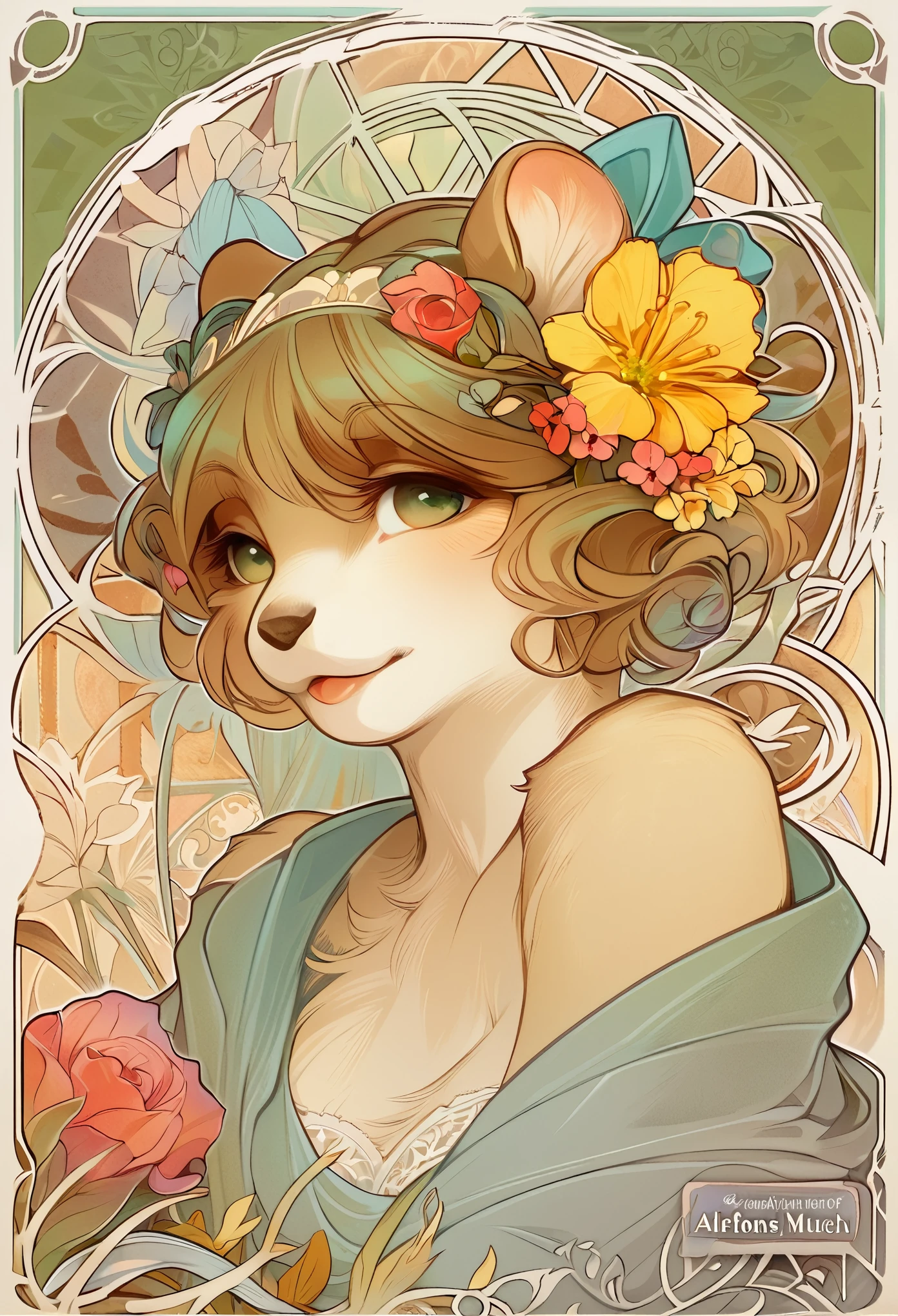 top quality, best quality, logo mark, stamp, Geometric pattern, vector-art, High-quality illustrations by Alfons Mucha, masterpiece(kemono, furry anthro)flower,