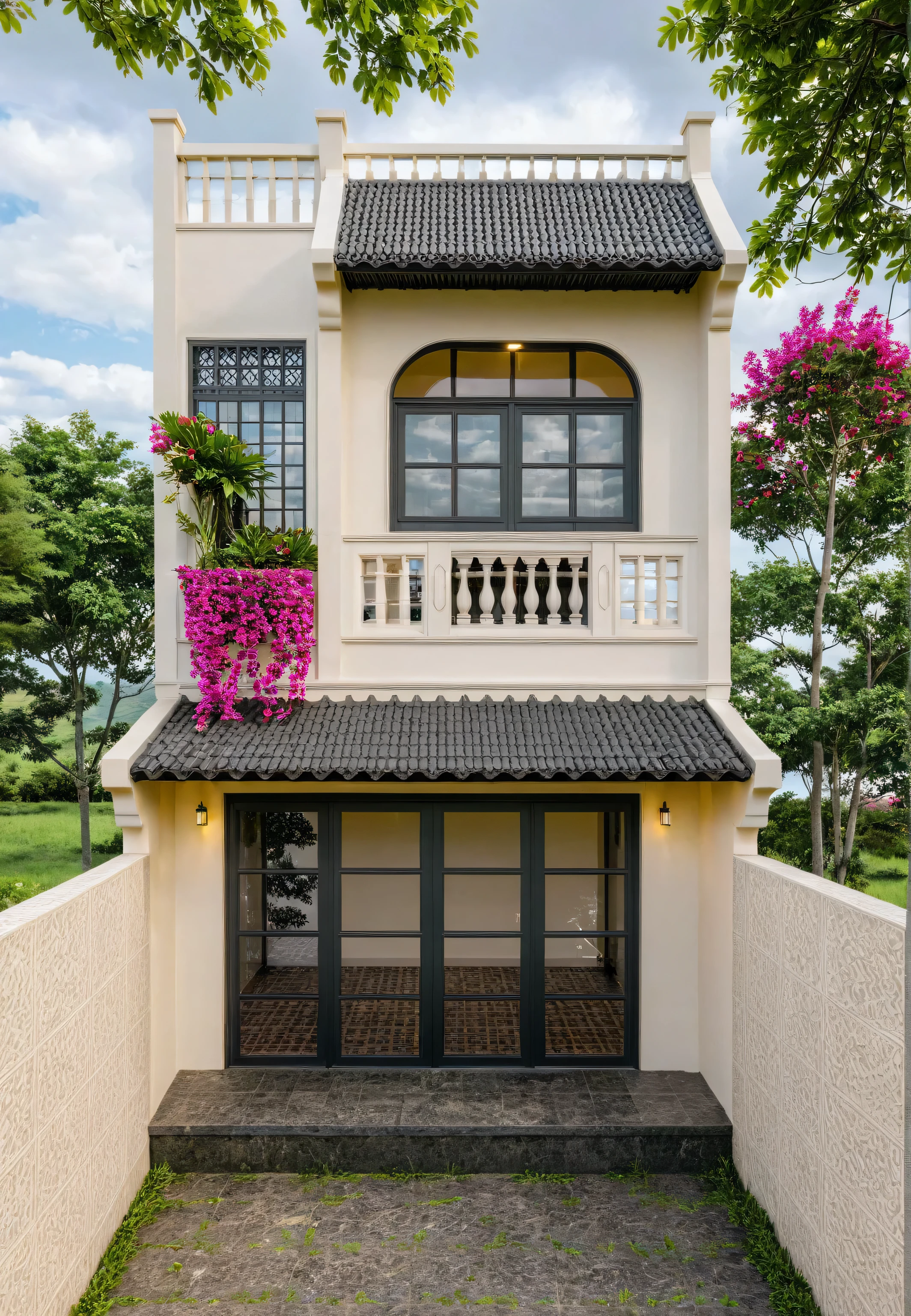 Raw photo,Masterpiece, high quality, best quality, authentic, super detail, exterior, outdoors, house style indochine, Many bougainvilleas along the road ,aiaigroup road,pavement, grass, trees, sky, cloud, (day:1.1), vivid colour